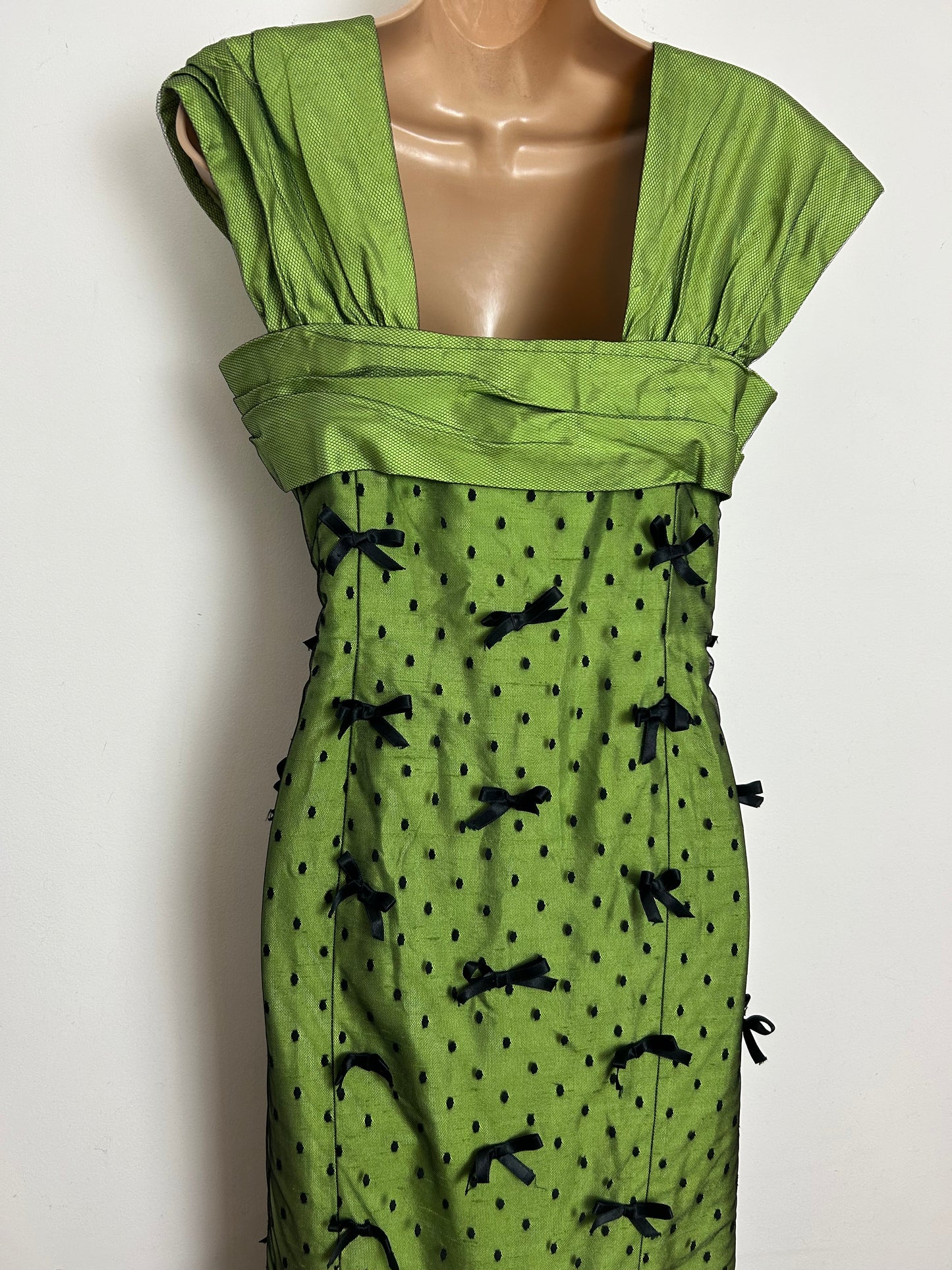 Vintage Late 1950s Size 12 Green & Black Polka Dot Mesh Bow Detail Occasion Evening Ballgown