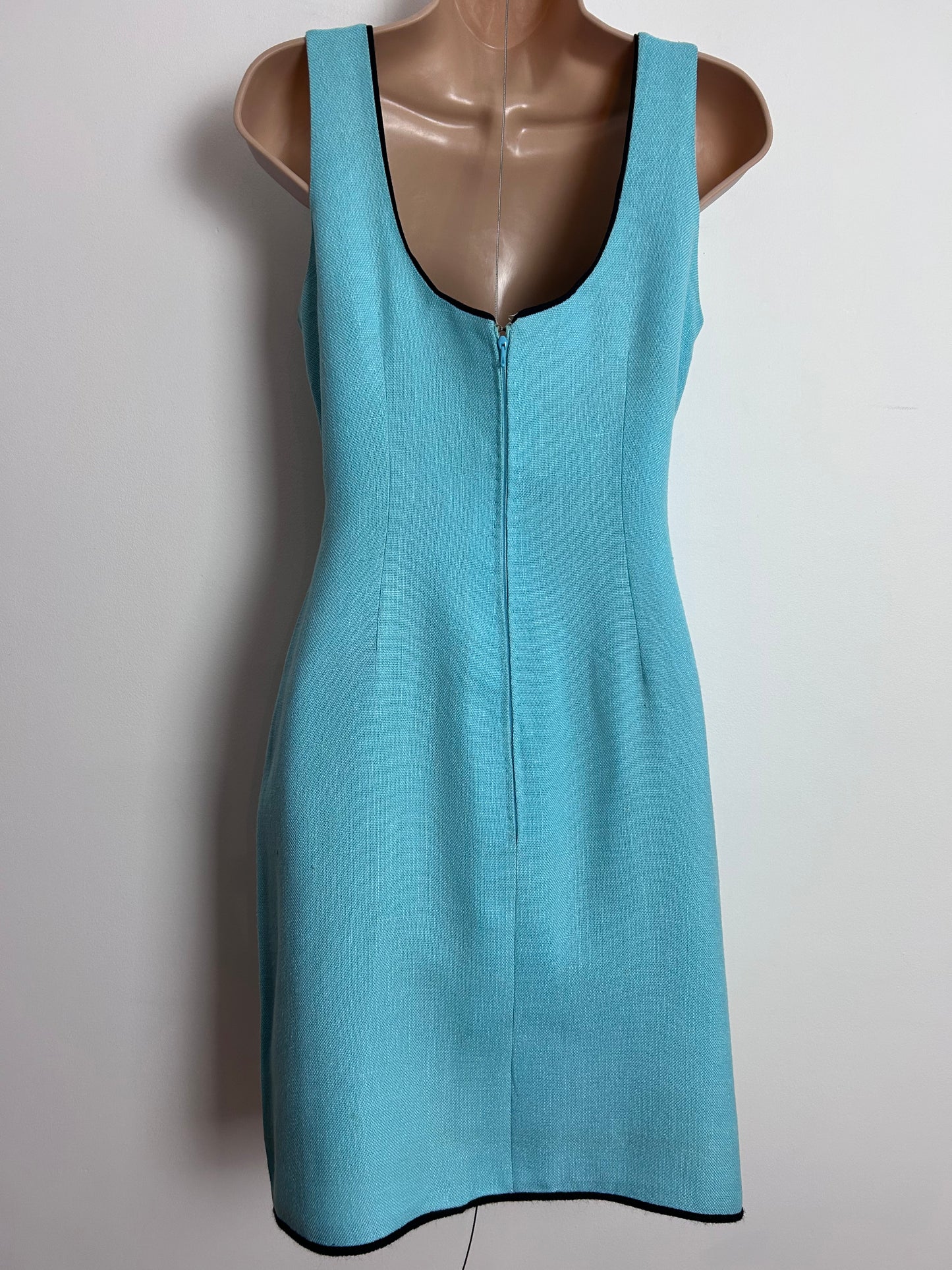 Vintage 1960s ANNE CLEMENT, NICE UK Size 8 Pale Blue Black Bead & Bow Detail Dress