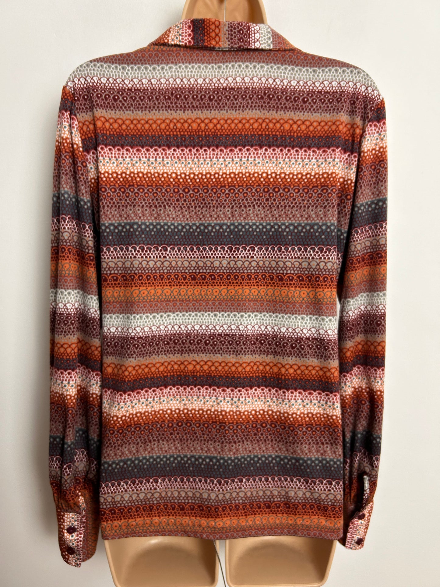 Vintage 1970s KARTING UK Size 16 Dark Reds Petrol Blue & Rusty Orange Abstract Print Long Sleeve Shirt