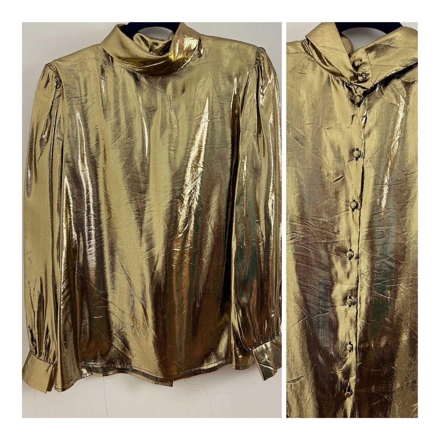 Vintage 1980s LLOYD WILLIAMS UK Size 12 Gold Lame Long Sleeve Button Black Blouse/Top
