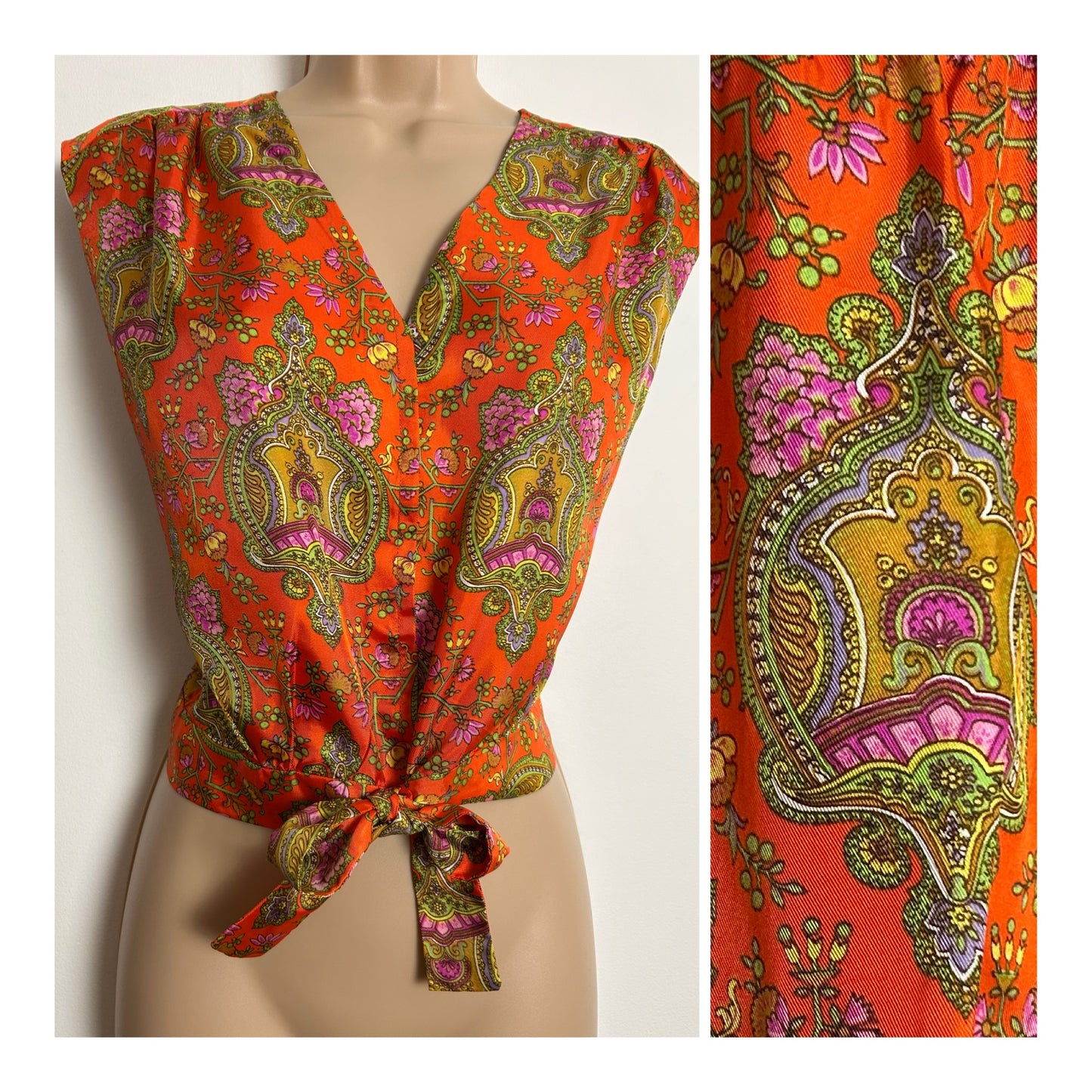 Vintage 1970s Size 10 Orange Green & Pink Nouveau Floral Print Sleeveless Tie Waisted Blouse