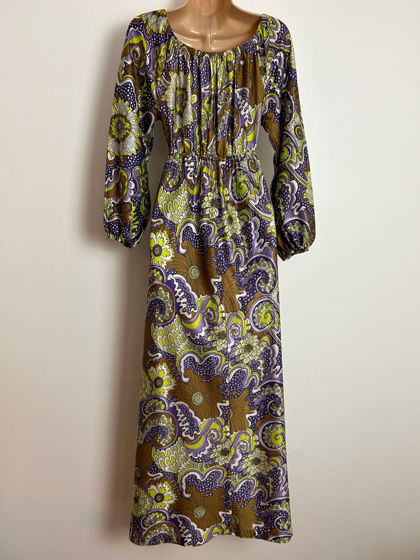 Vintage 1970s RICHARD SHOPS UK Size 10 Purple Green & Brown Psychedelic Floral Print On/Off Shoulder Long Sleeve Maxi Dress