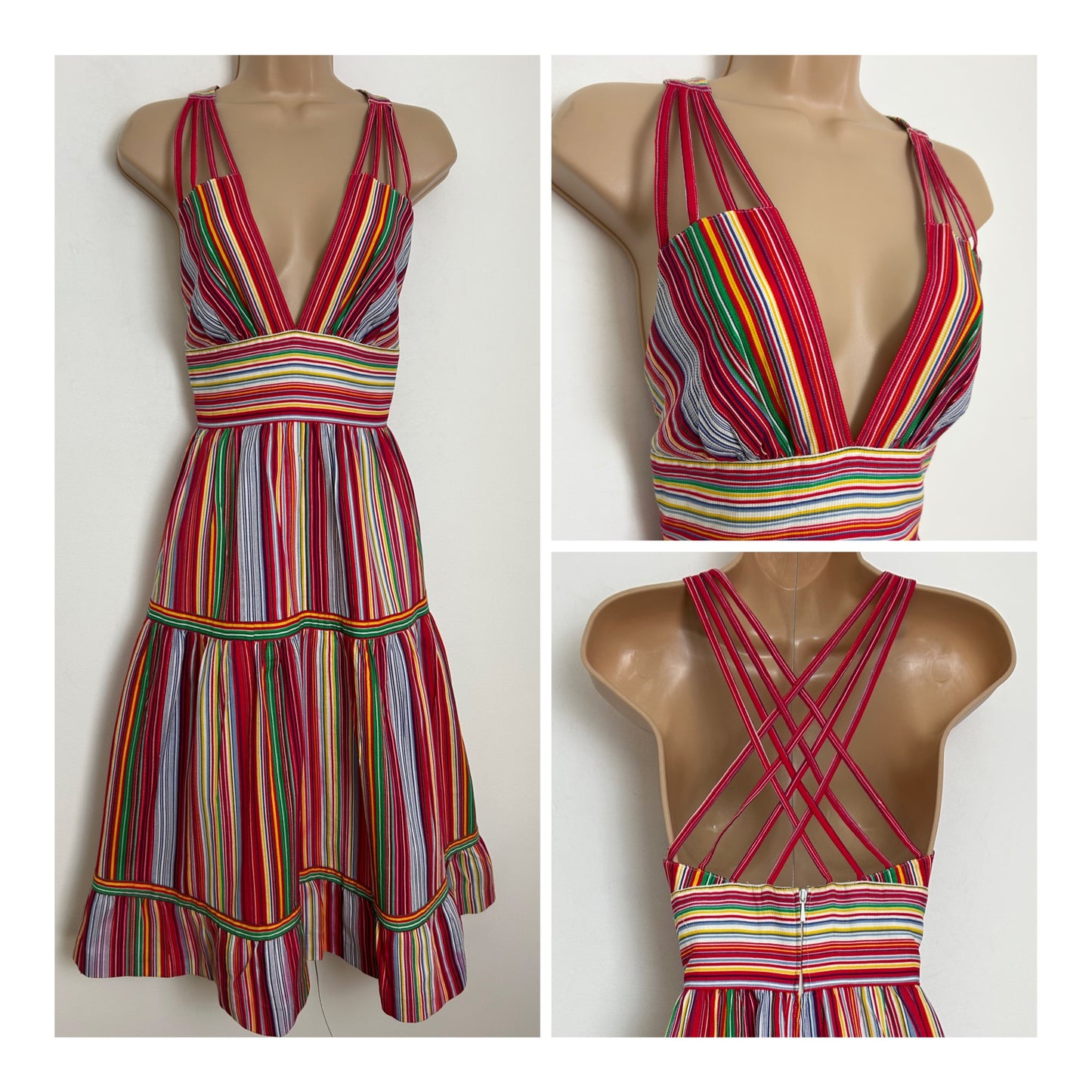Vintage Late 1970s Size 6-8 Multi Stripe Cross Strap Plunge Neck Summer Sundress