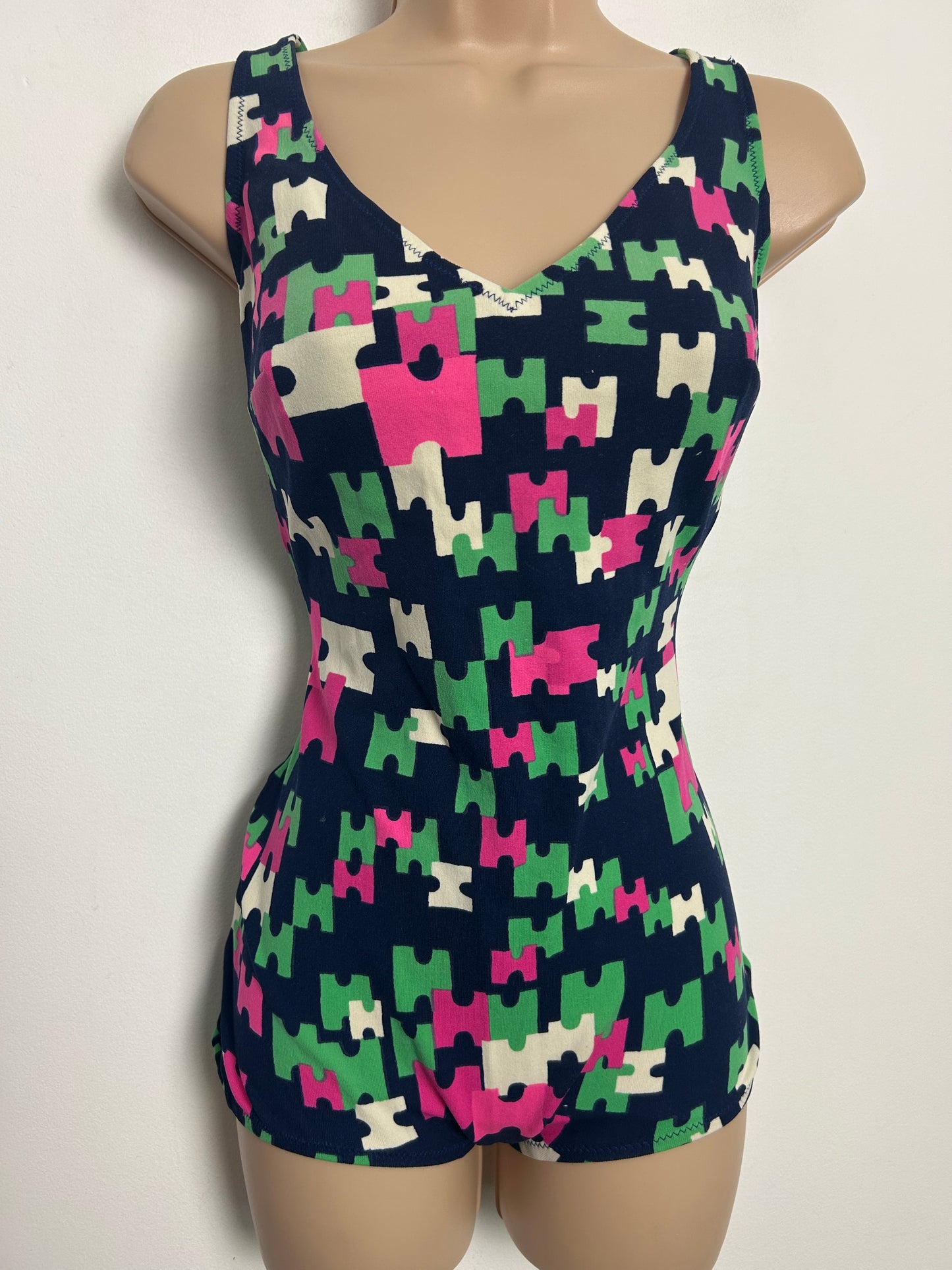 Vintage Late 1960s Approx Size 14-16 Navy Blue Pink Green & White Abstract Geo Jigsaw Style Print Swimsuit