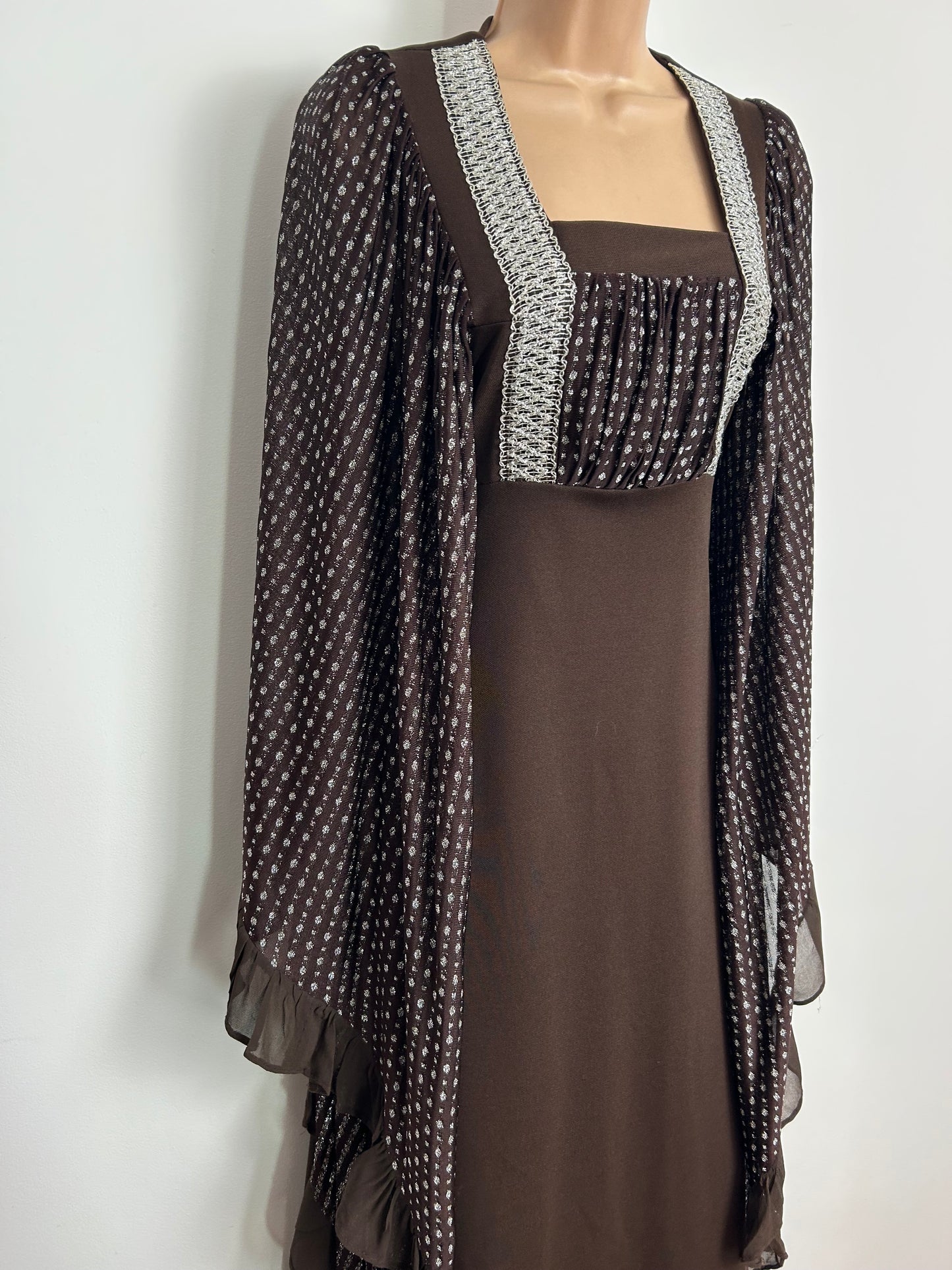 Vintage 1970s LEWIS BARNETT Size 6-8 Brown & Silver Lurex Spot Sleeve VERY Flared Sleeve Maxi Dress
