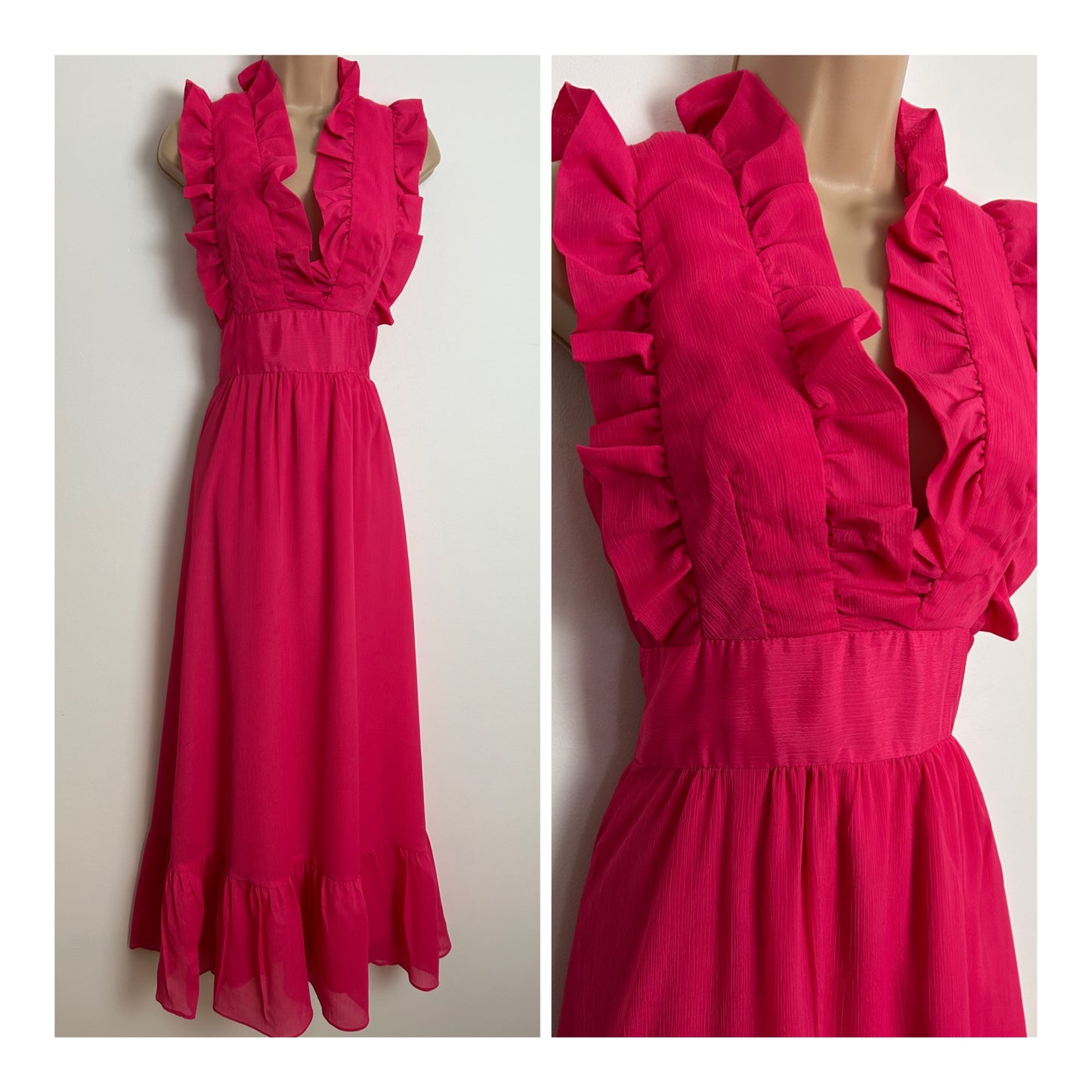 Vintage 1970s ALEXANDER CLARE Size 6 Hot Pink Ruffle Trim Sleeveless Occasion Maxi Dress
