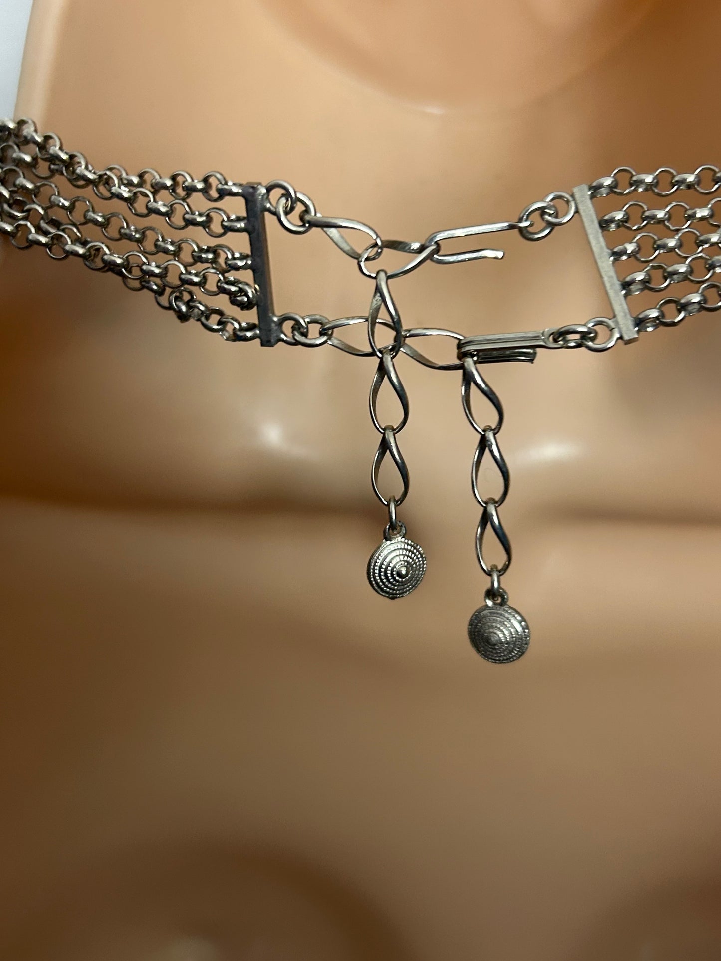 Vintage 1970s Silver Tone Multi Strand Purple Stone Set Small Choker Necklace