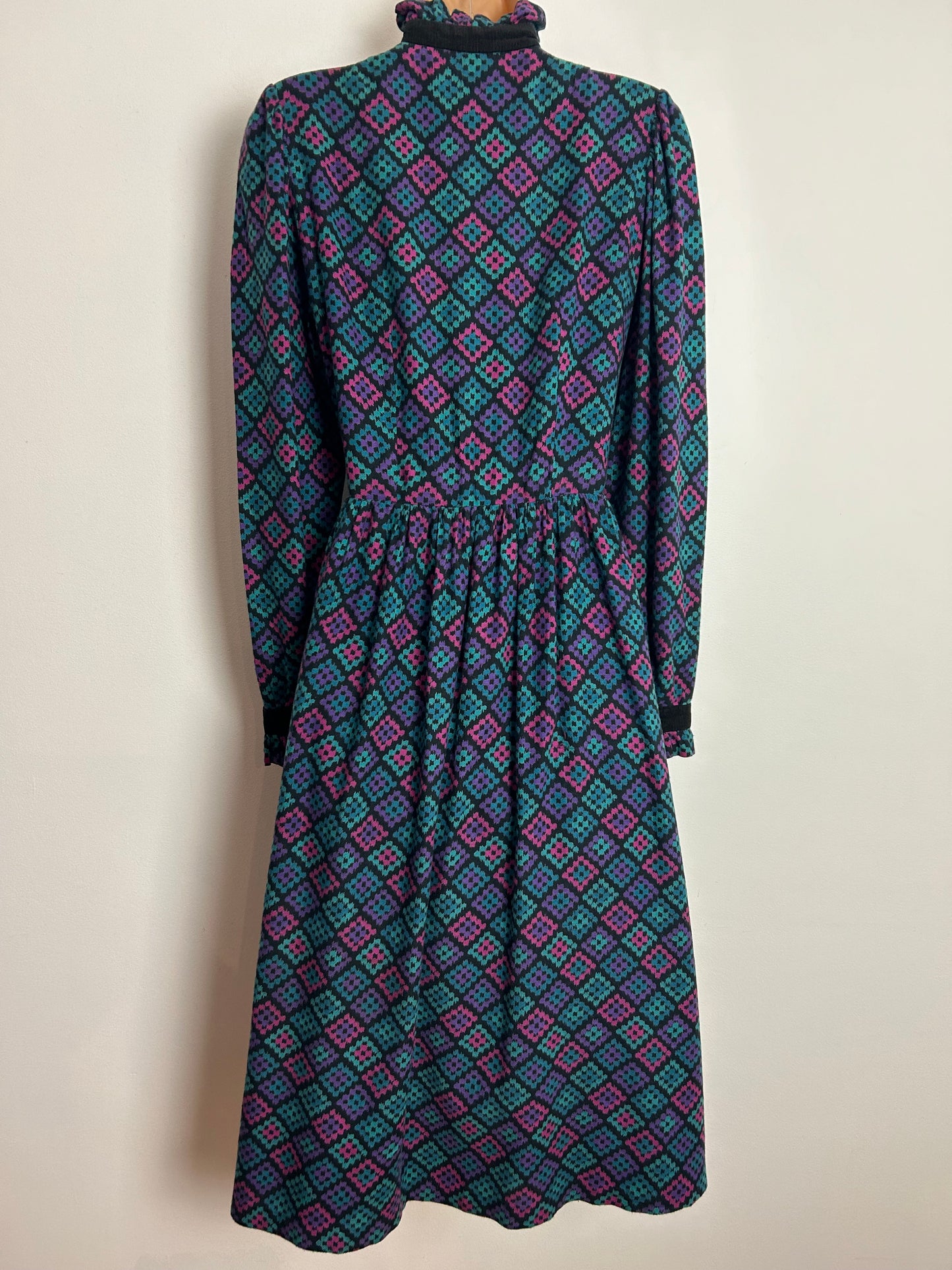 Vintage Late 1970s MARION DONALDSON UK Size 8 Black Turquoise Purple & Pink Wool Mix Cord Panel Victoriana Dress