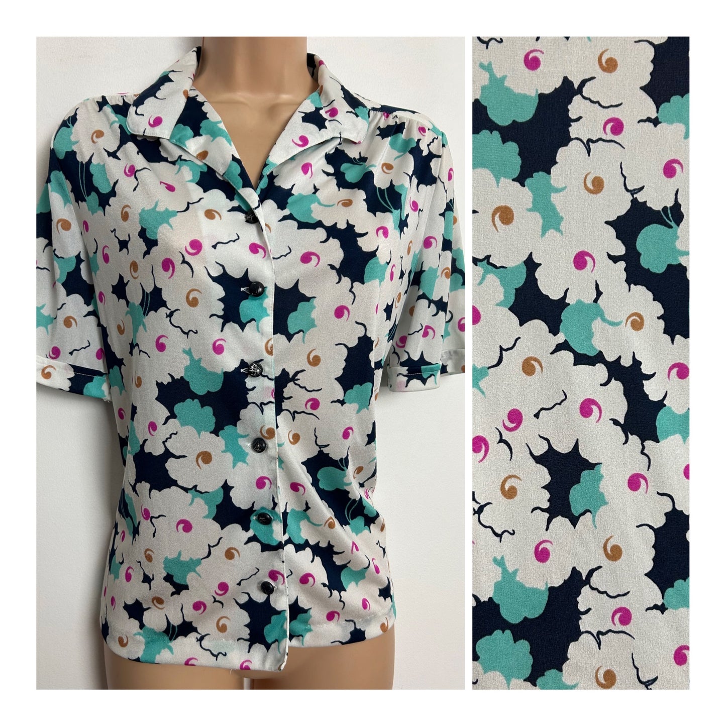 Vintage Early 1980s ORSETTO Italian UK Size 10-12 White Navy Blue & Mint Green Floral Print Short Sleeve Shirt