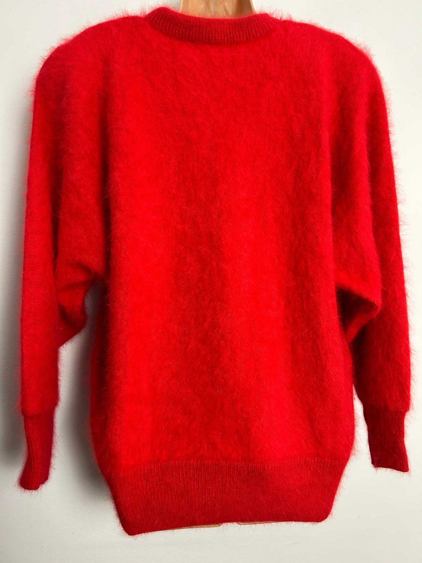 Vintage 1980s Size Large Super Soft Red Fluffy Angora Mix Applique & Bead Mix Jumper
