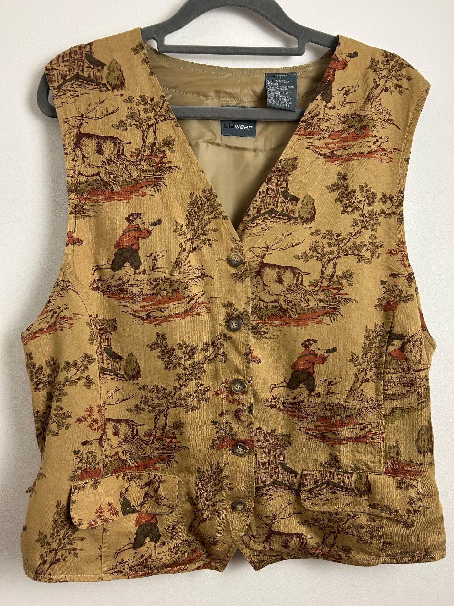Vintage 1980s LIZ WEAR BY LIZ CLAIBORNE UK Size 12-14 Sandy Beige Deer Forest Scene Novelty Print Waistcoat