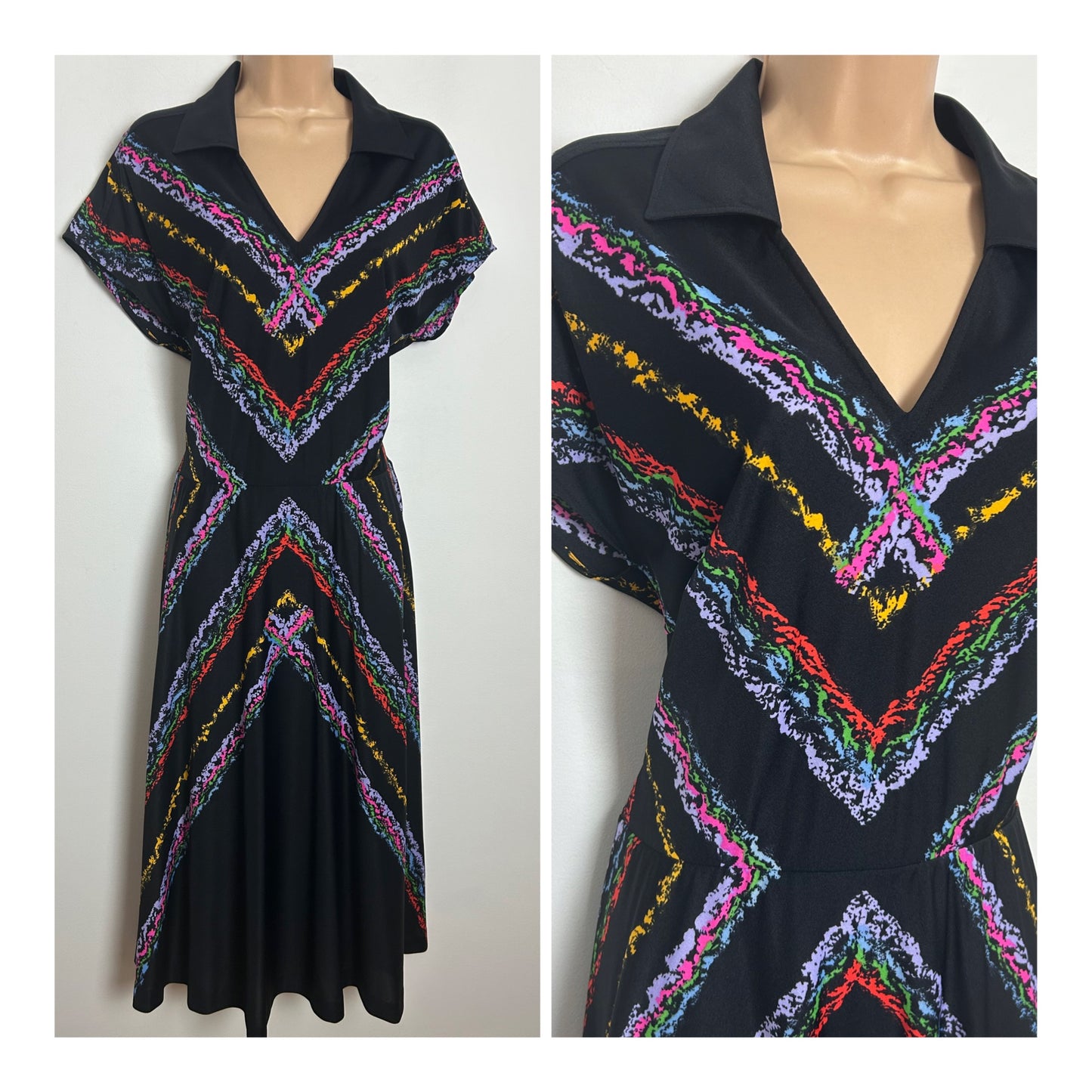 Vintage Early 1980s ELLE Size 10-12 Black Multicolour Chevron Stripe Day Dess