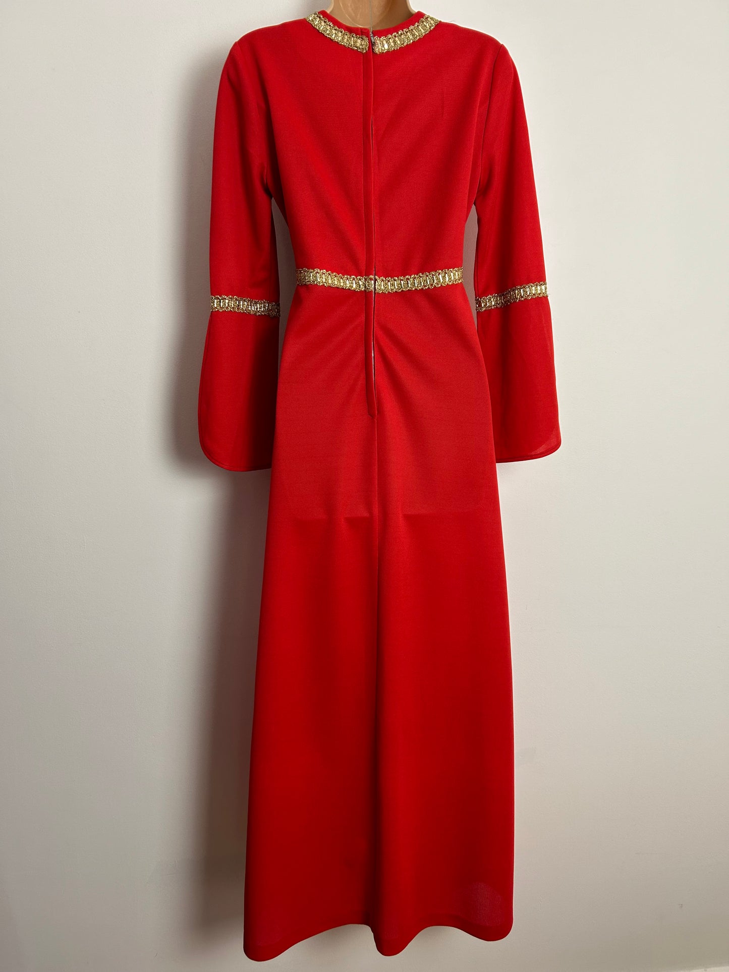 Vintage 1970s UK Size 12 Red Crimplene Gold Braid Trim Flared Cuff Occasion Maxi Dress