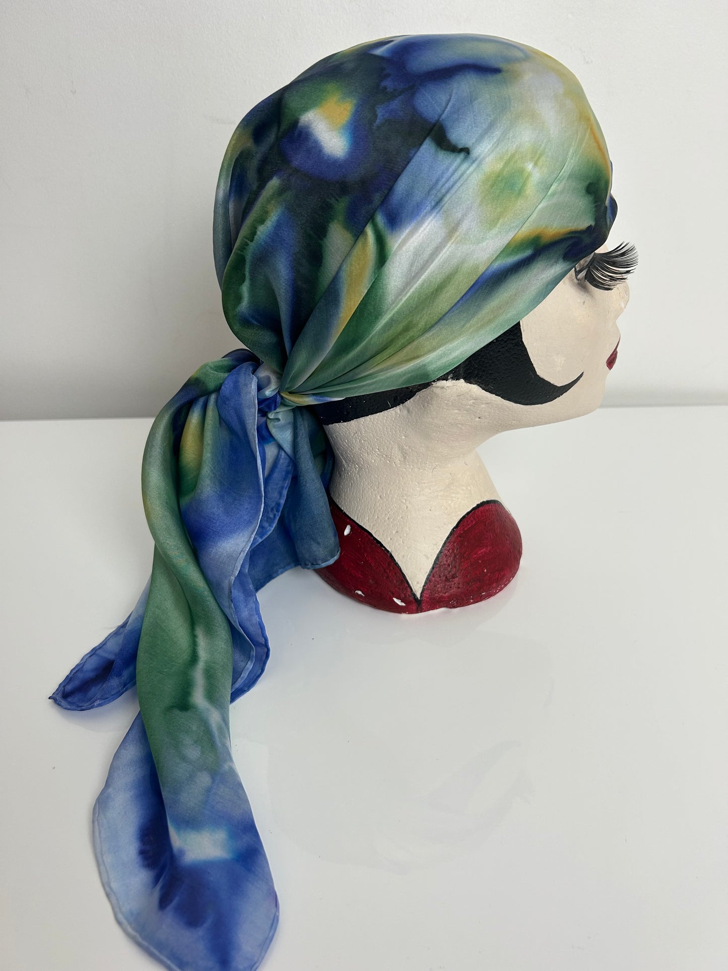 Vintage Blue Green & Lemon Tie Dye Effect Floral Print Silky Scarf 90cm x 85cm