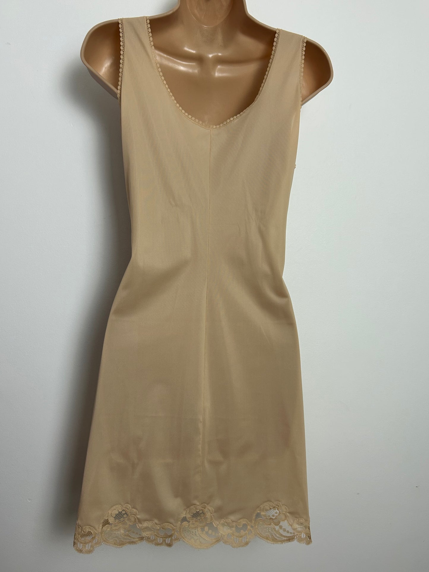 Vintage 1960s Size 12 Nude Beige Lace Trim Nylon Slip
