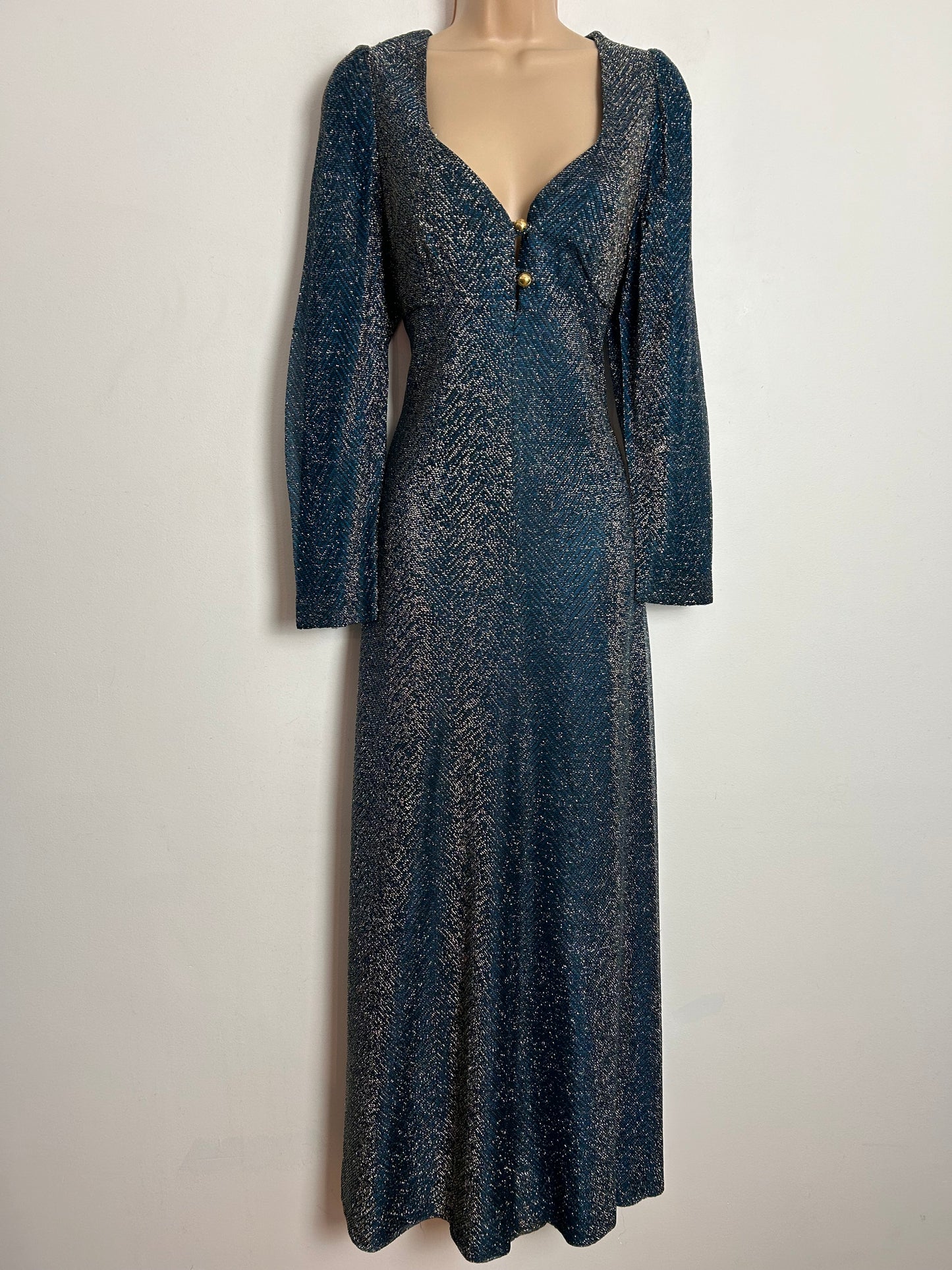 Vintage 1970s UK Size 12-14 Teal Black & Silver Lurex Long Sleeve Plunge Neck Occasion Maxi Dress