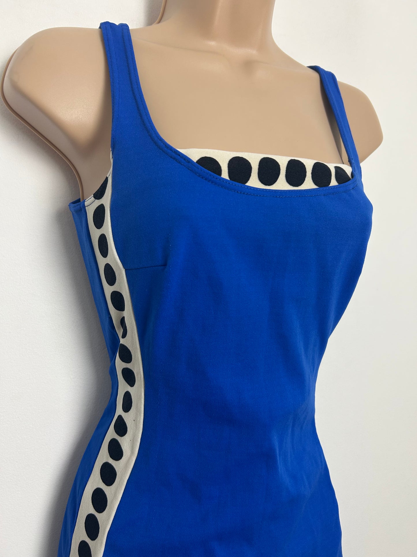 Vintage 1960s Size 12 Electric Blue White & Black Spot Print Skirted Swimsuit