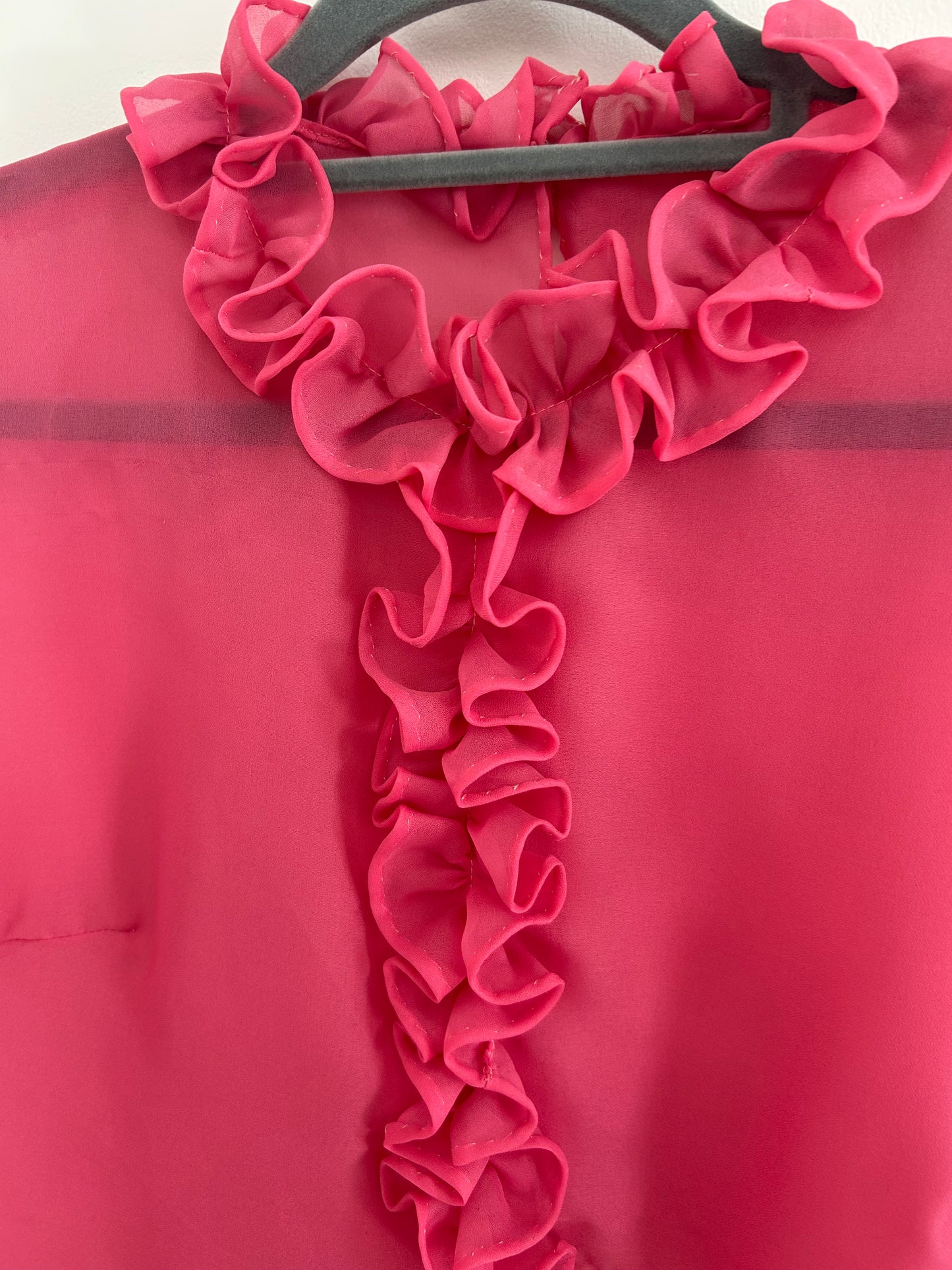 Vintage 1960s Size 14 Candy Pink Sleeveless Ruffle Trim Semi Sheer Lightweight Blouse Top
