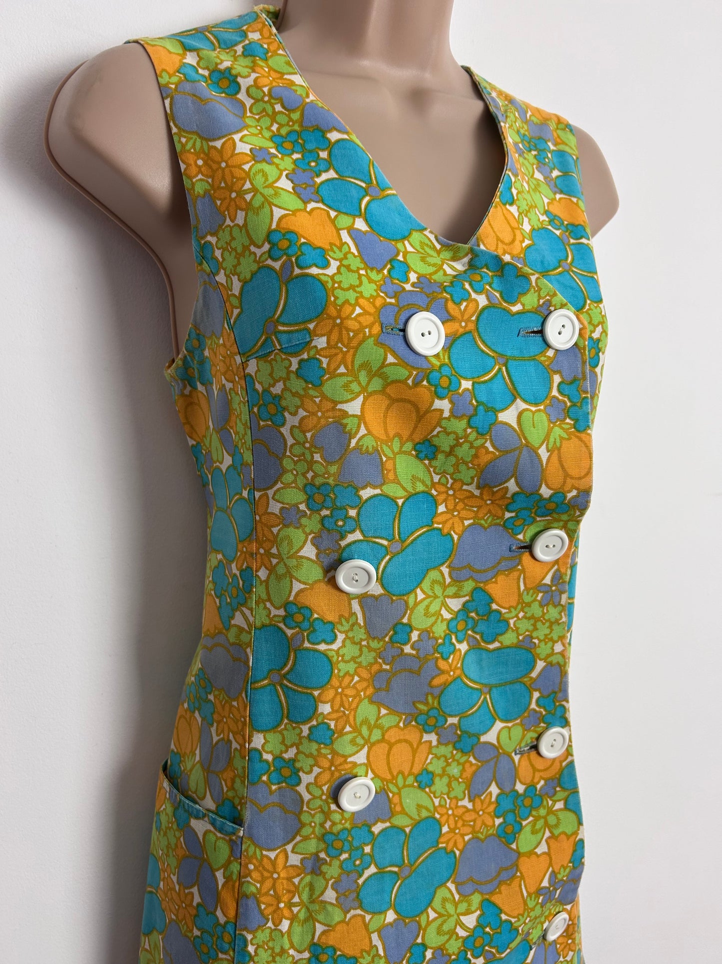Vintage 1960s UK Size 8 Cute Blue Orange White & Green Floral Print Double Breasted Mini Mod Shift Dress