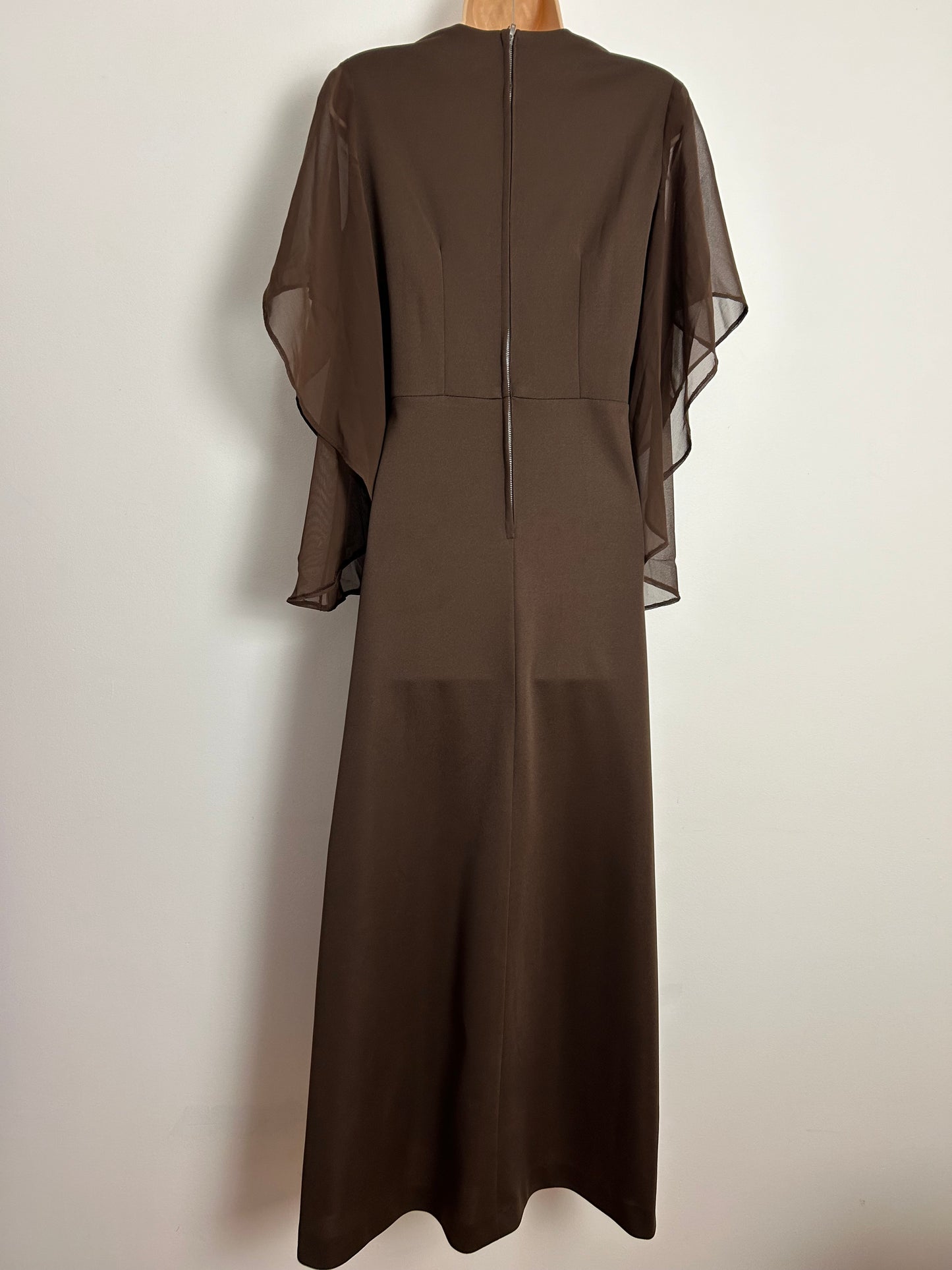 Vintage 1970s UK Size 12 Chocolate Brown Chiffon Flared Sleeve Stitch Bead & Diamante Embellished Occasion Maxi Dress