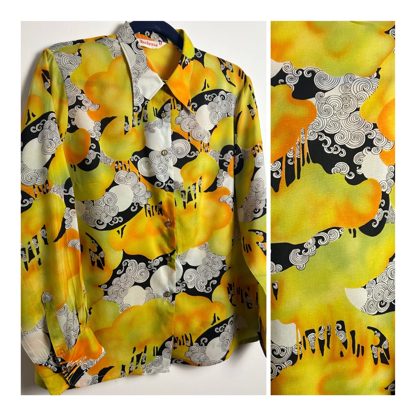 Vintage 1970s DUCHESSE Size 14-16 Yellow Orange Black & White Abstract Op Art Print Long Sleeve Shirt