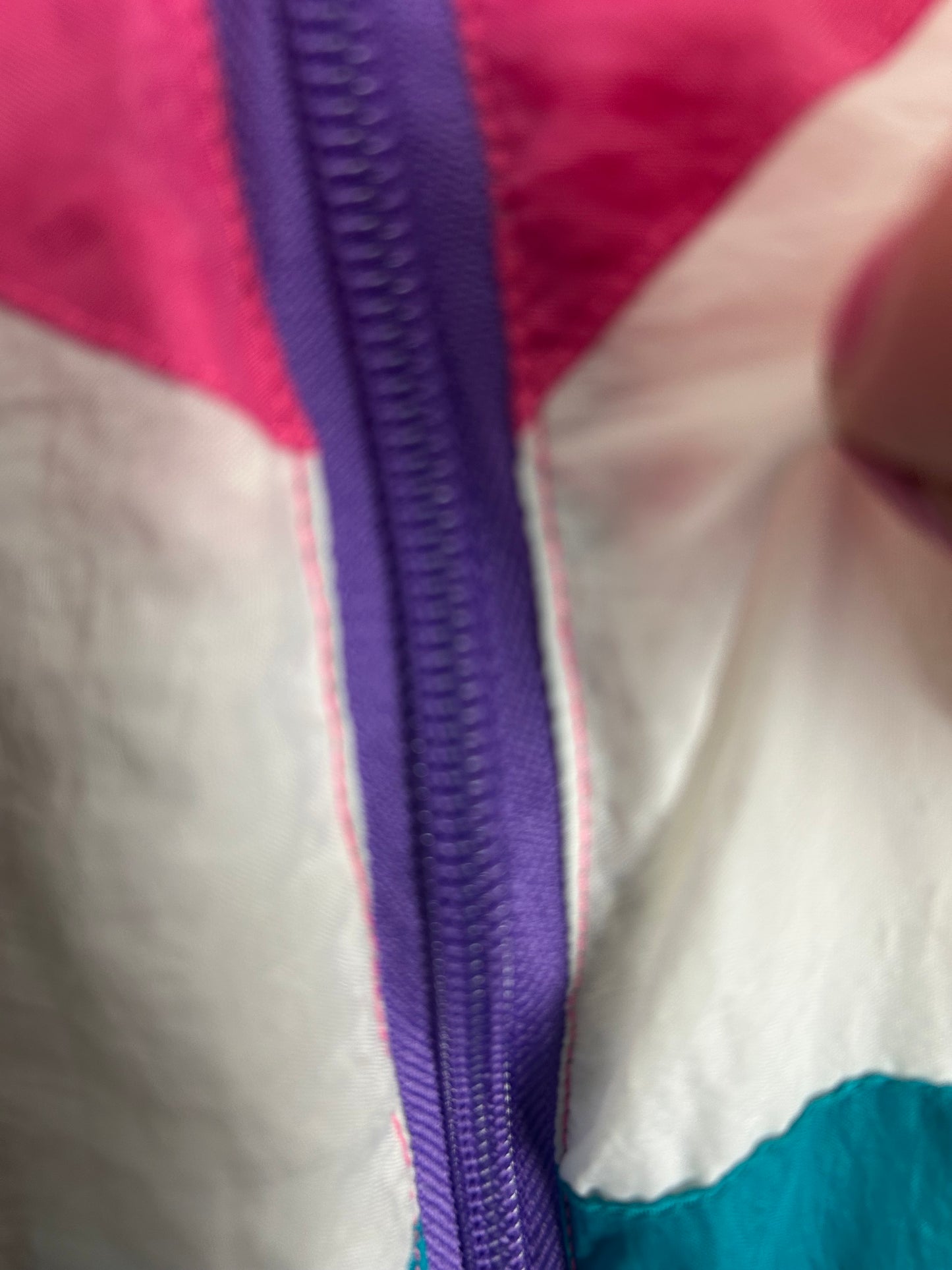 Vintage 1980s FIZZICAL Upto Size 14 Pink White Teal & Purple Shell Suit Jacket