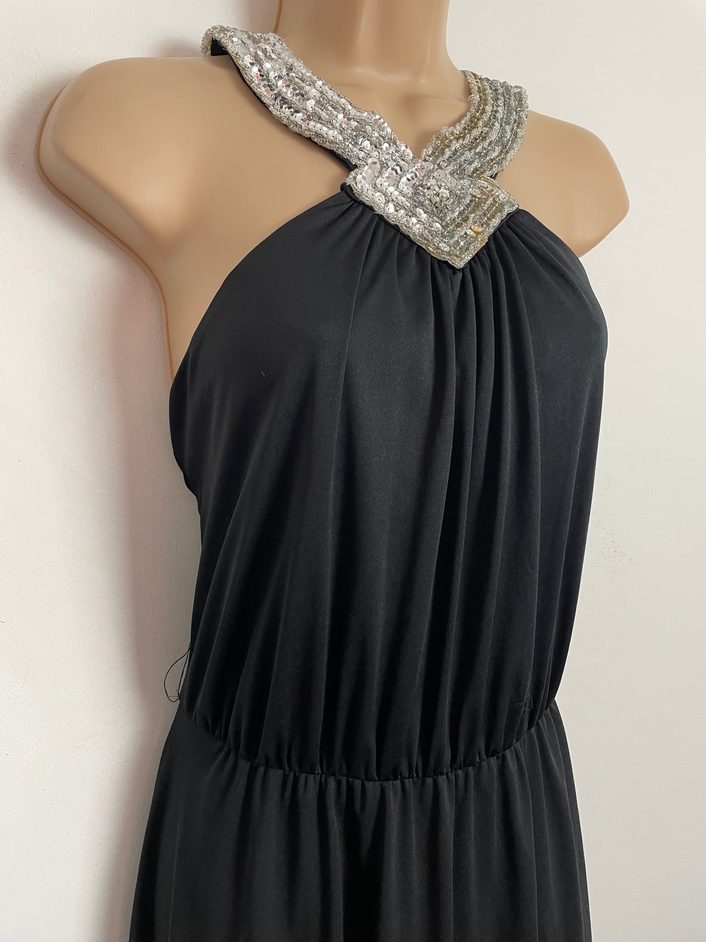 Vintage 1970s UK Size 10 Black Silver Sequin Halterneck Cage Back Evening Maxi Dress