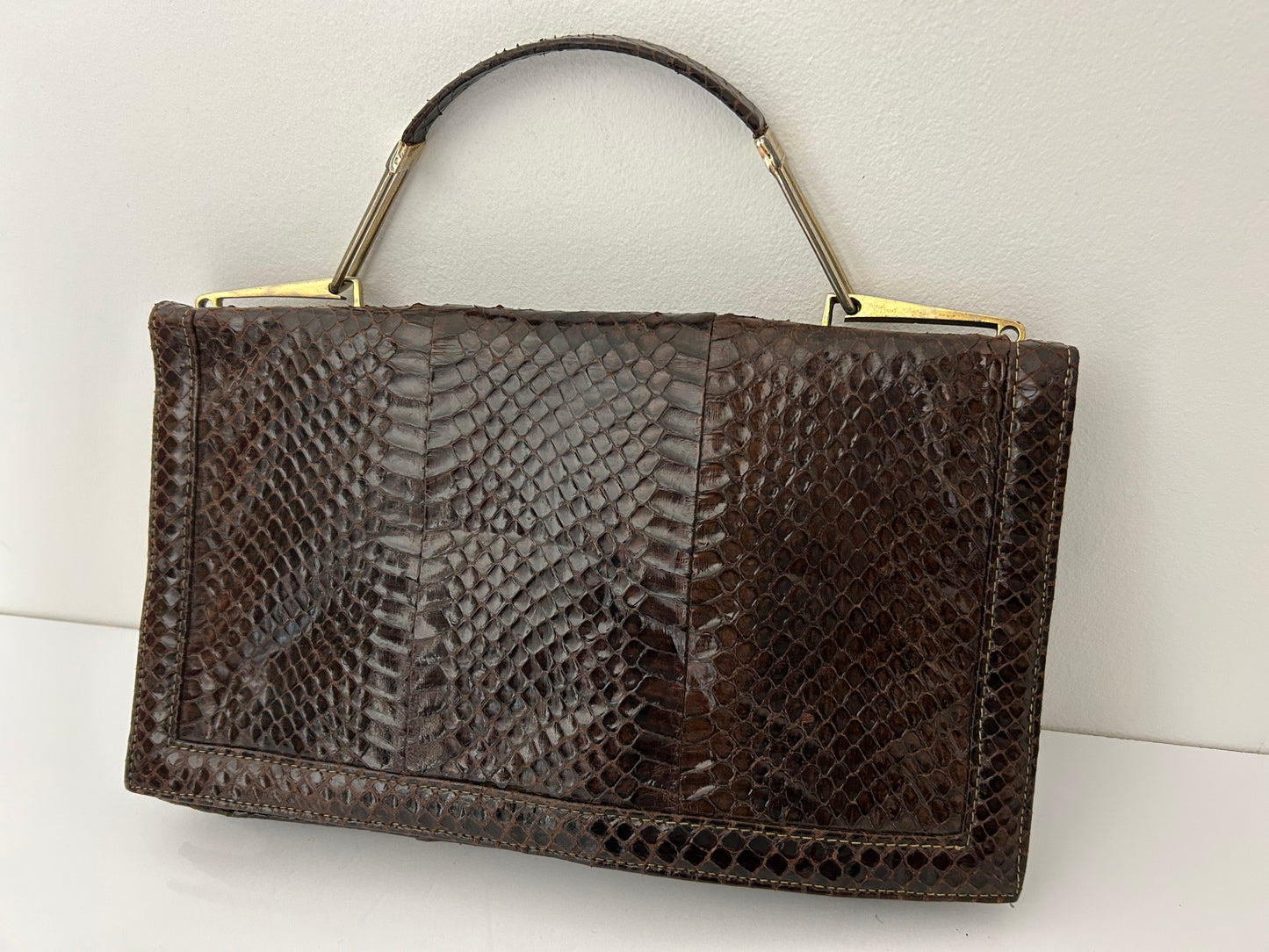 Vintage 1970s Italian Brown Reptile Leather Handbag With Removable Shoulder Strap