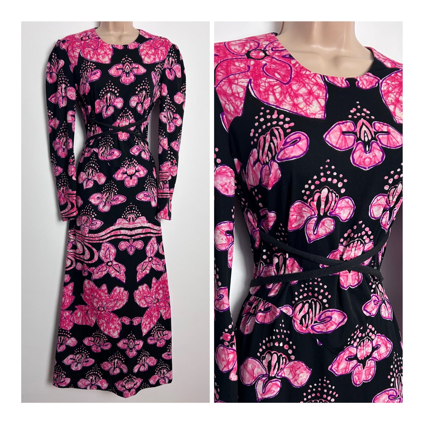 Vintage 1970s CAROLINE YOUTH STYLE UK Size 10-12 Black & Pink Abstract Floral Print Long Sleeve Cross Over Tie Detail Maxi Dress