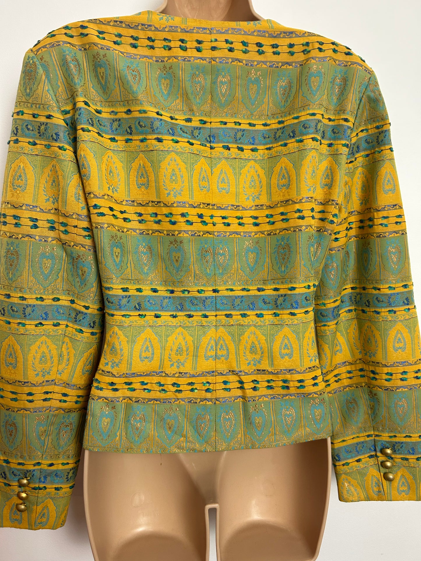 Vintage 1980s JULIE GUERLANDE Size 14 Yellowy Gold & Duck Egg Blue Jacquard Collarless Jacket