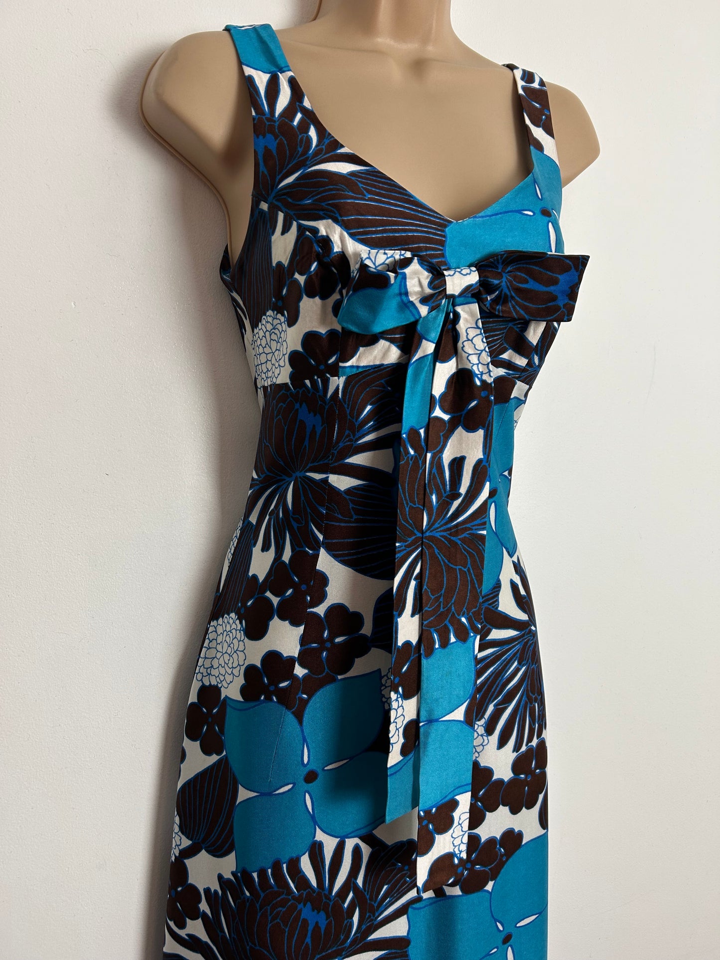Vintage 1970s MISS JEANIE UK Size 6-8 Brown White & Dark Turquoise Floral Print Bow Detail Maxi Dress