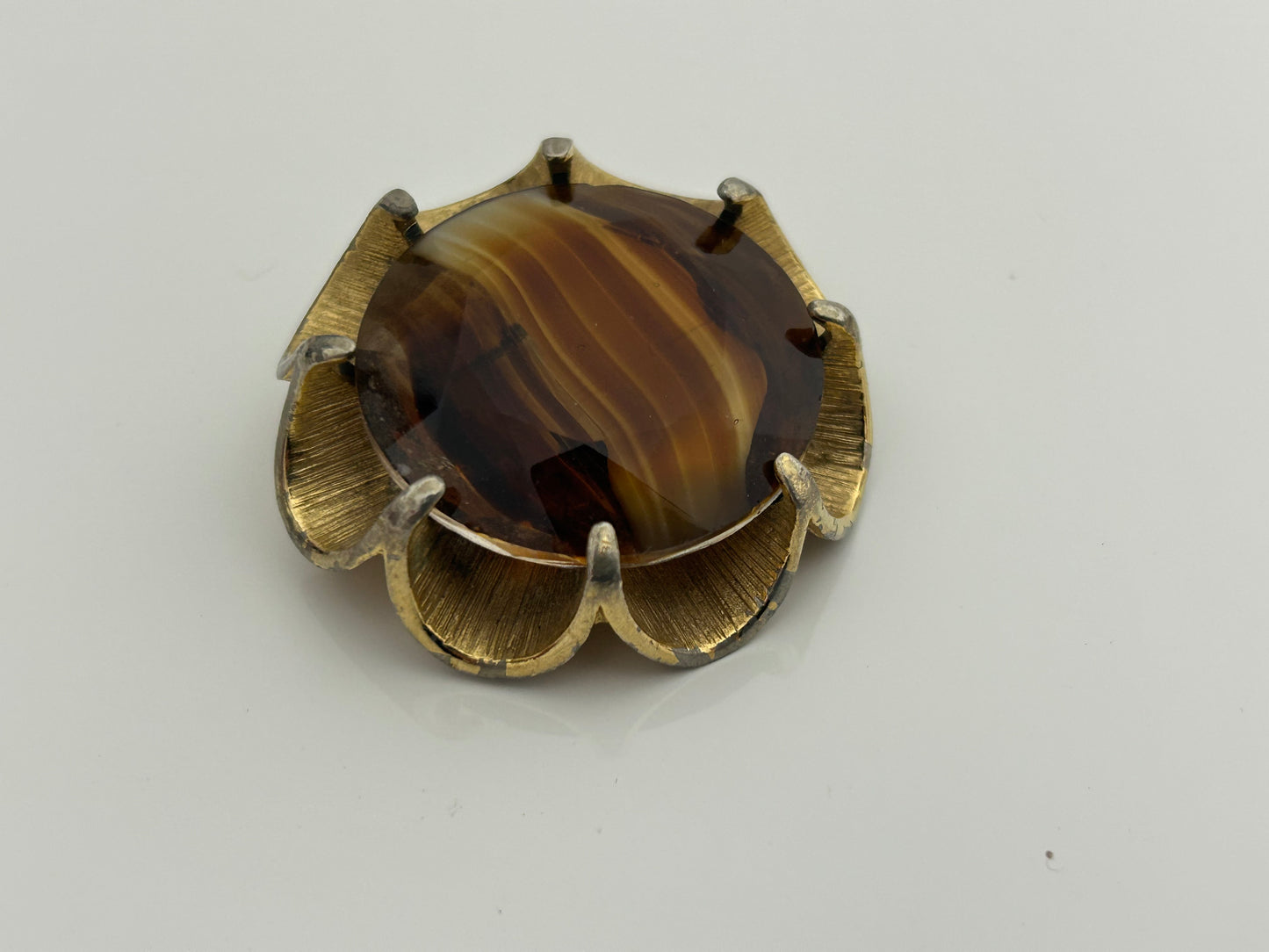 Vintage 1960s Large Celtic Scottish Gold Tone Brown Banded Glass Brooch