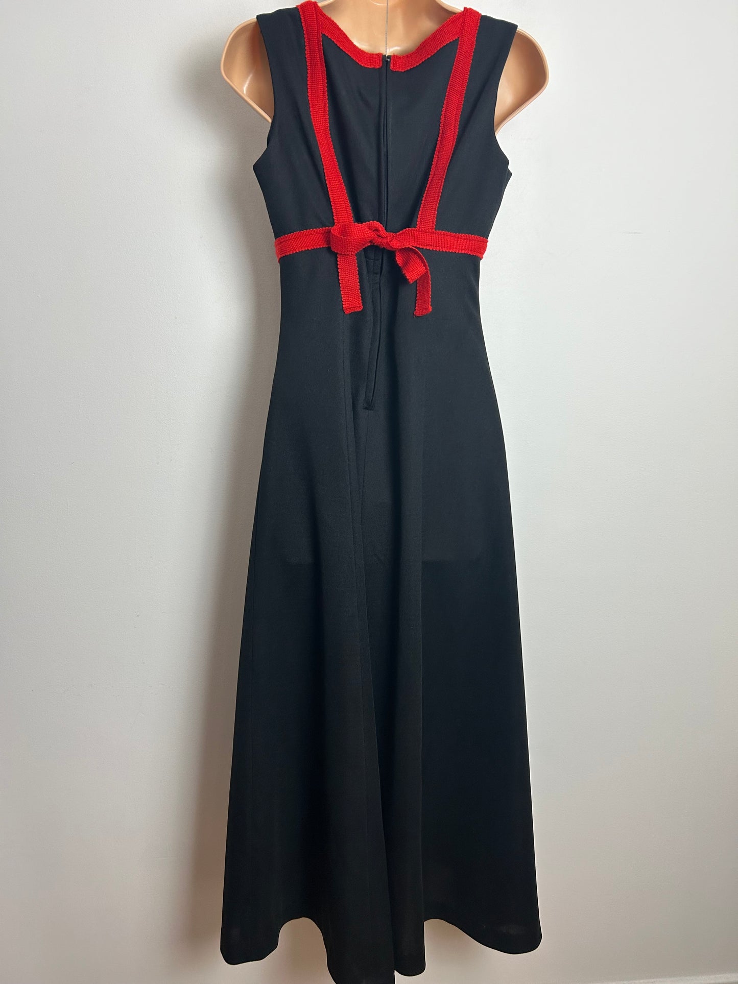 Vintage 1970s Size 8 Black Flower Applique & Red Braid Trim Sleeveless Maxi Dress