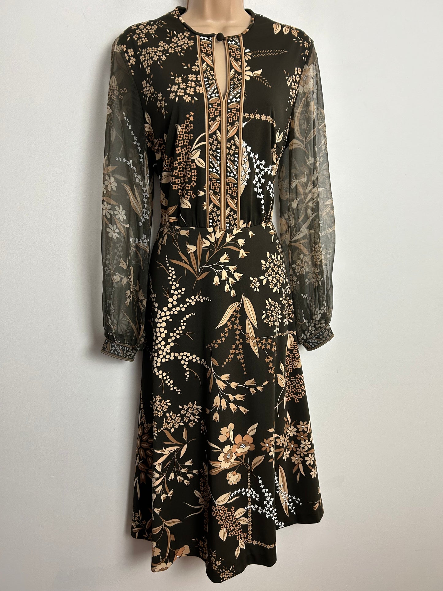 Vintage 1970s VERENA MODELLE UK Size 12 Brown Tones Floral Print Long Chiffon Sleeve Dress