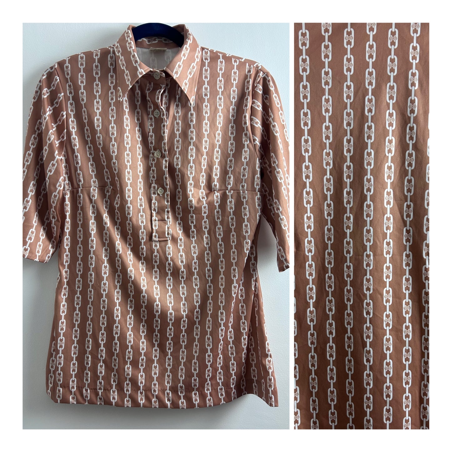 Vintage 1970s UK Size 12 Sandy Brown & White Abstract Chain Print Long Sleeve Shirt