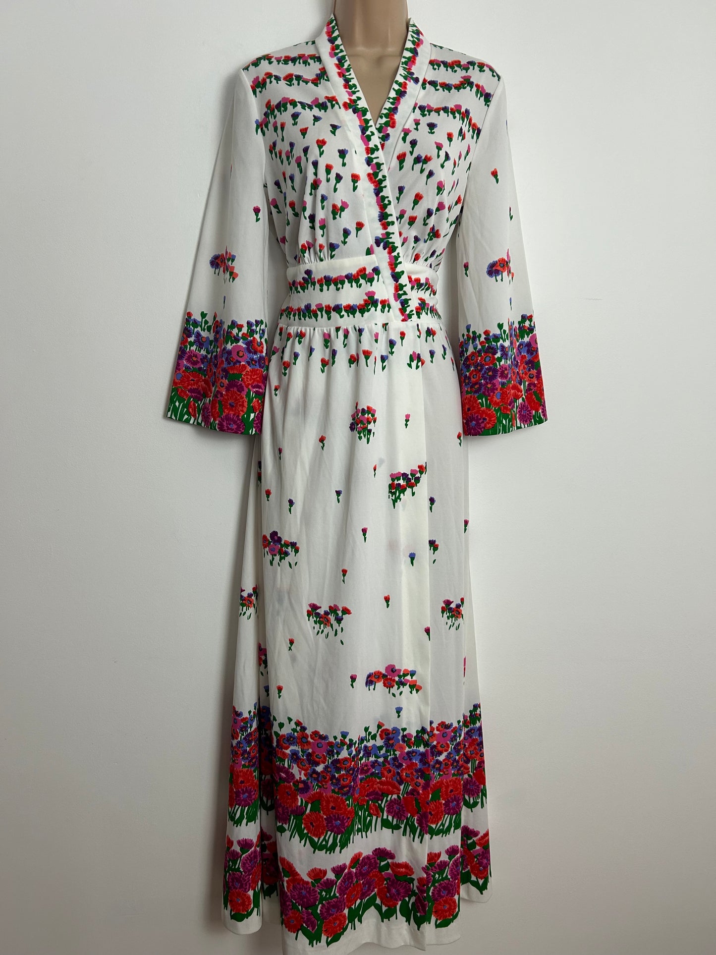 Vintage 1970s FURSTENBURG Size 12 White Red Pink & Green Floral Print Wrap Maxi Dress