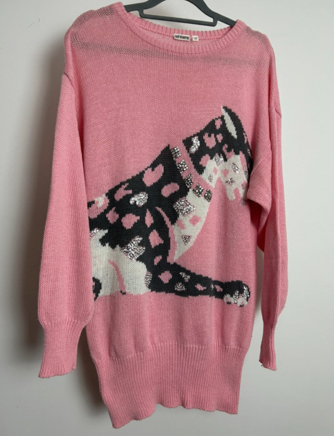 Vintage 1990s Size 12 Pink & Grey Bead & Sequin Embellished Leopard Novelty Print Jumper