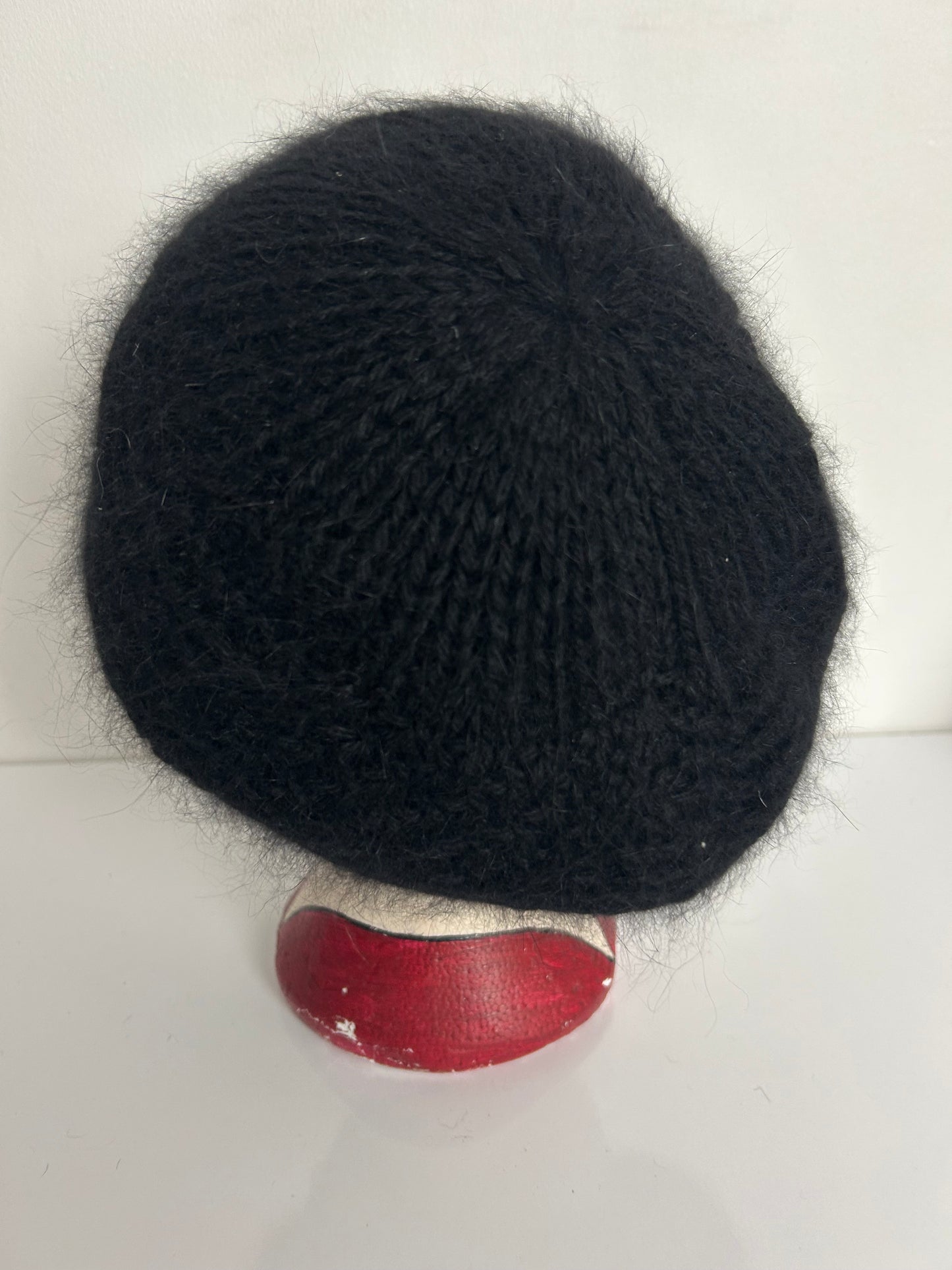 Vintage Black Angora Wool Mix Chunky Knitted Beret Hat