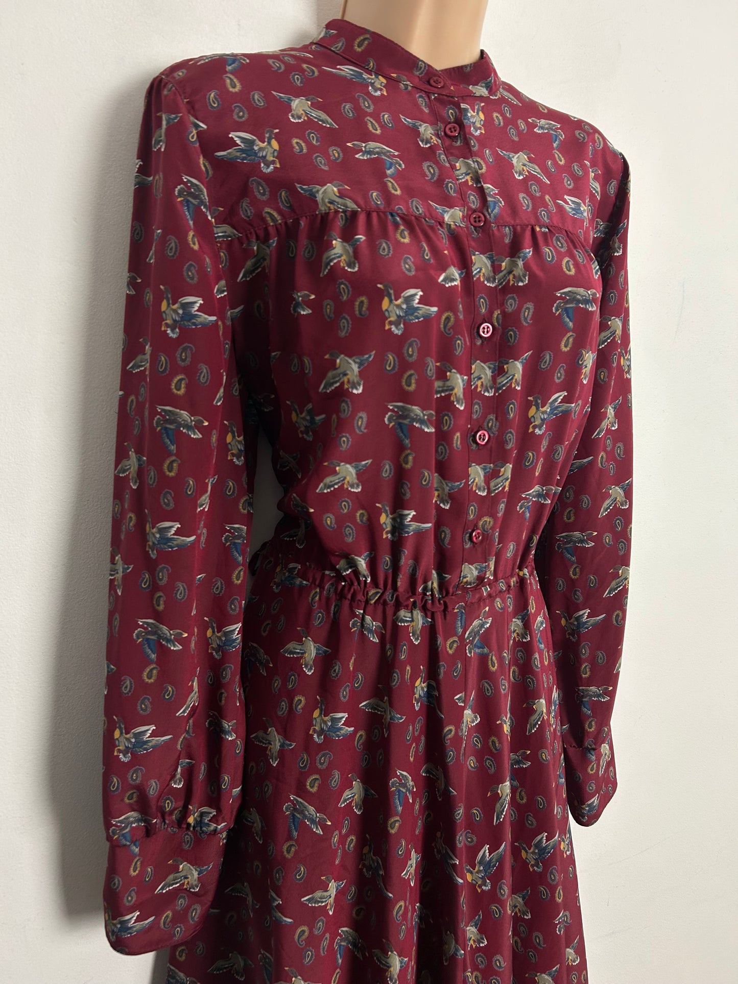 Vintage 1980s JEAN CLAIRE UK Size 14 Dark Red Novelty Duck & Paisley Print Long Sleeve Day Dress