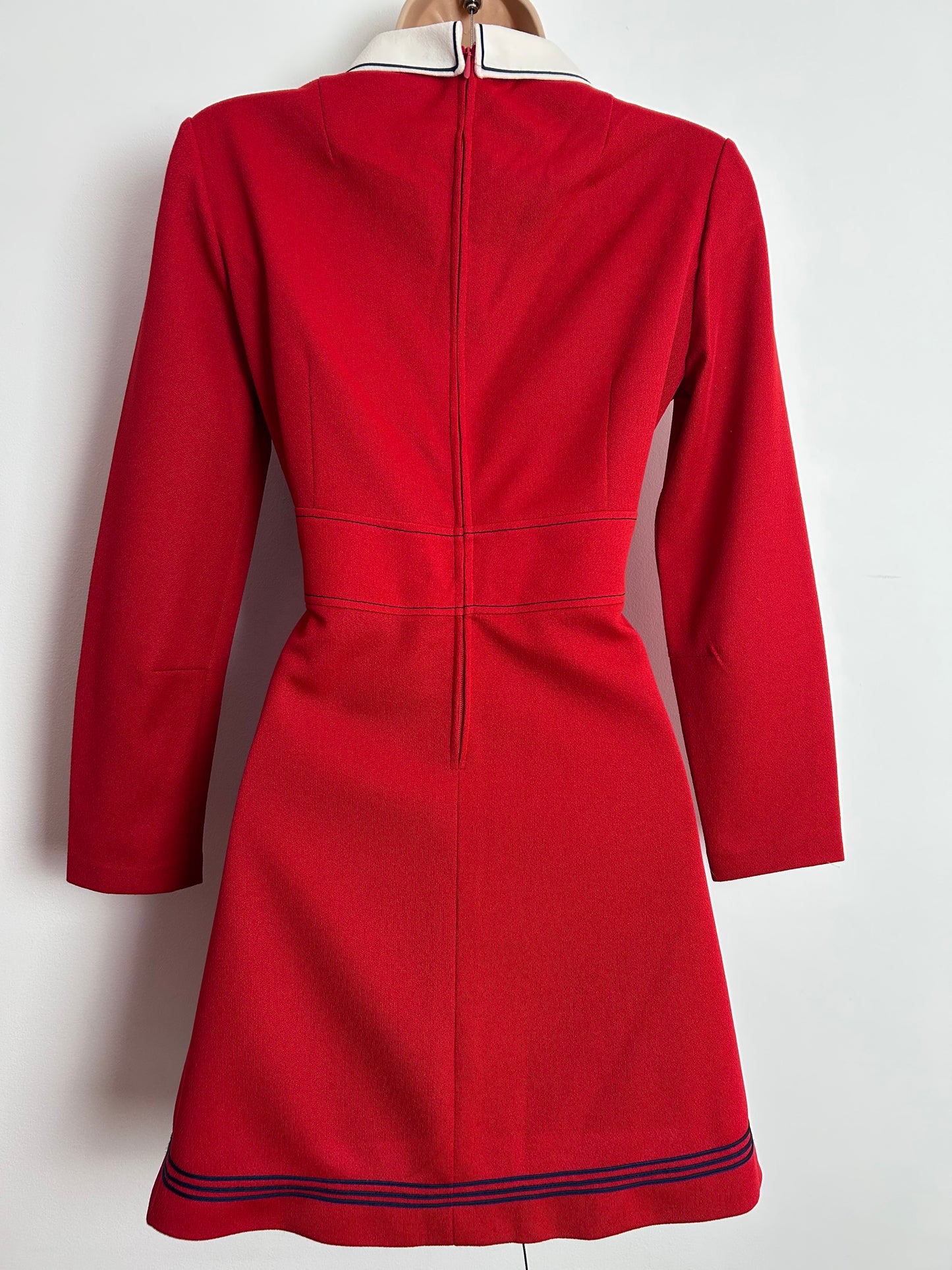 Vintage 1960s UK Size 8 Cute Red Beagle Collar Long Sleeve Mini Mod Dress