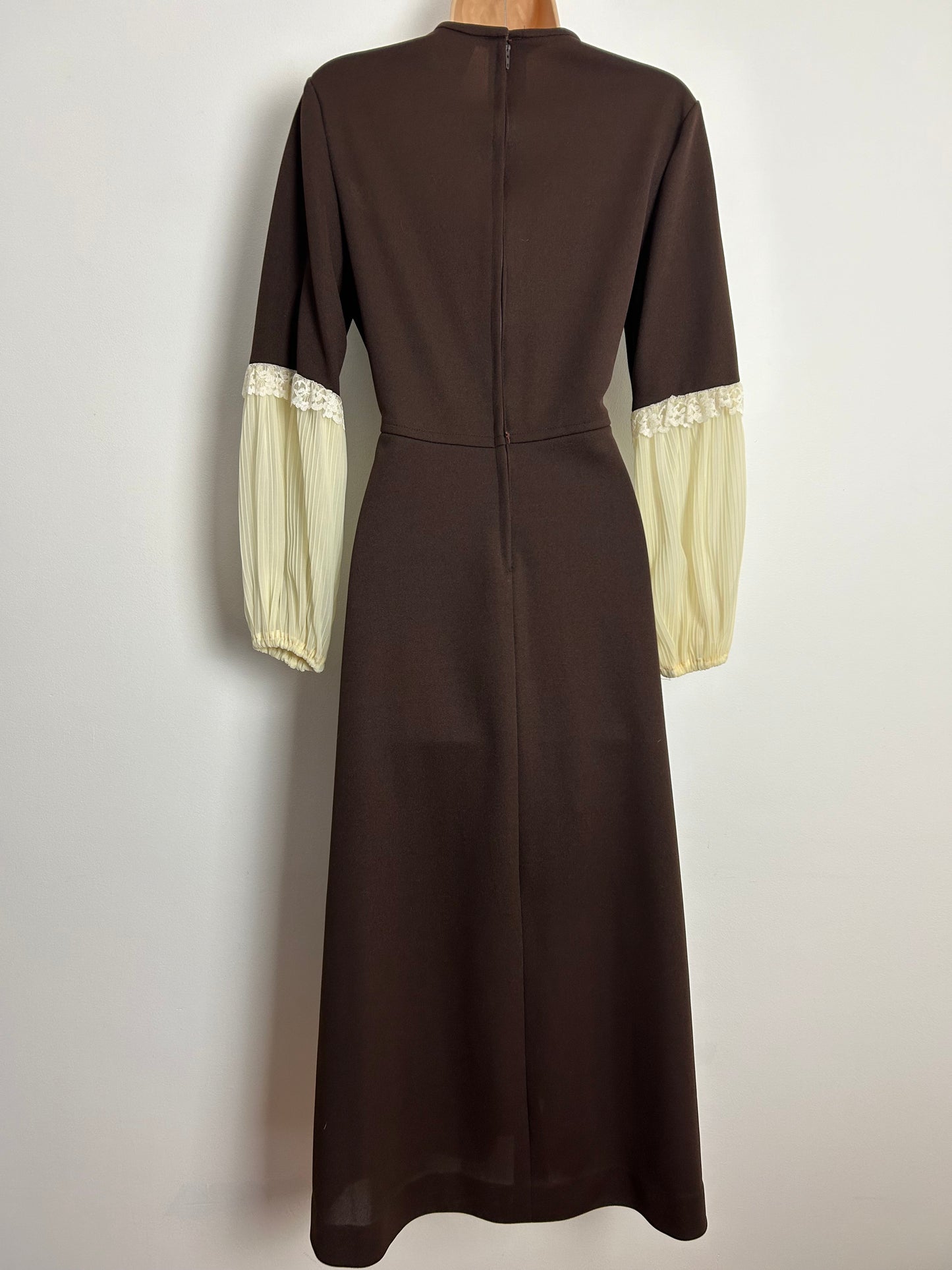 Vintage 1970s C&A UK Size 10 Chocolate Brown & Cream Ribbed Panel Long Sleeve Lace Trim Prairie Boho Midi Dress