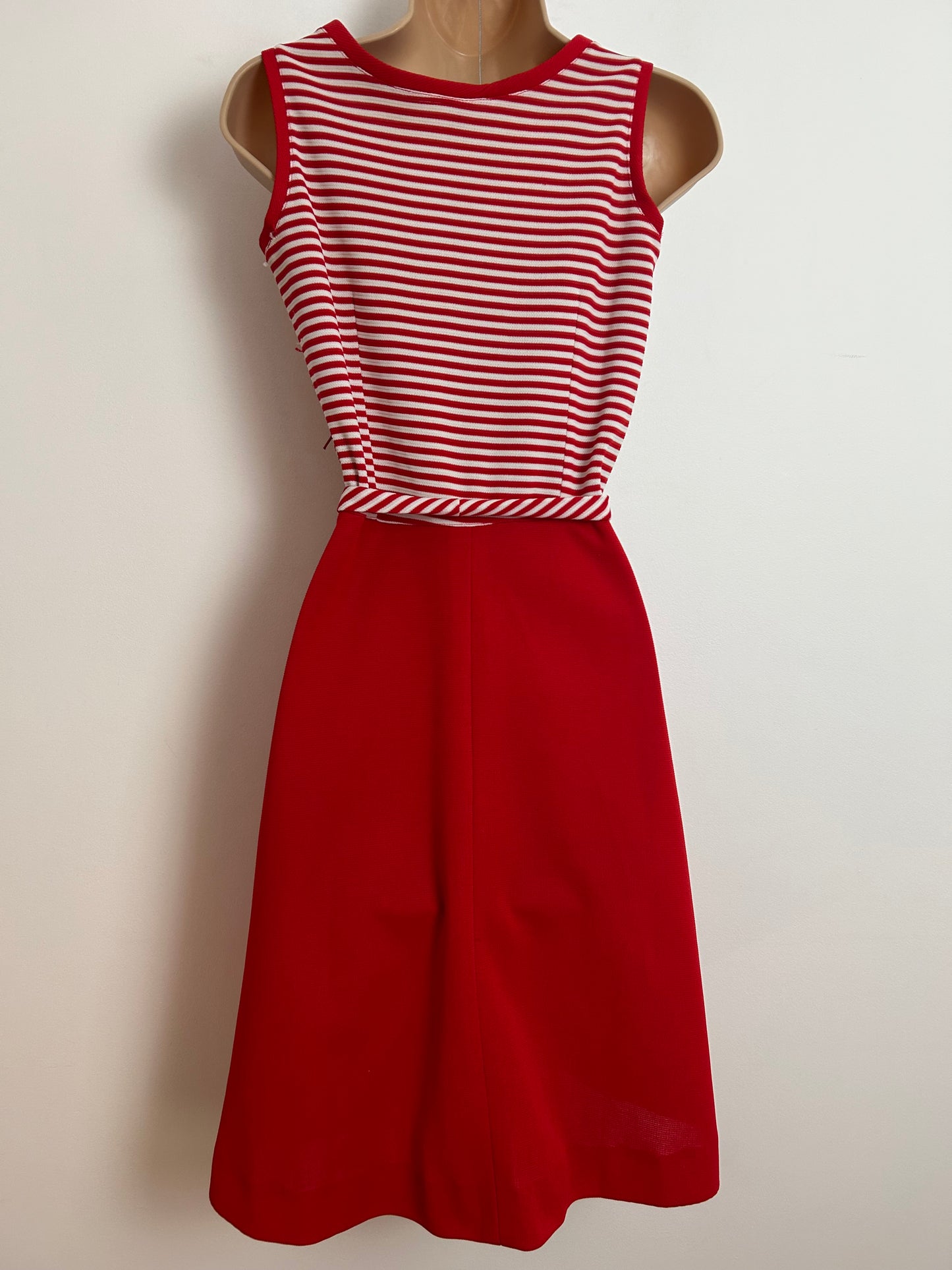 Vintage 1970s UK Size 8 Red & White Stripe Print Sleeveless Belted Flared Day Dress