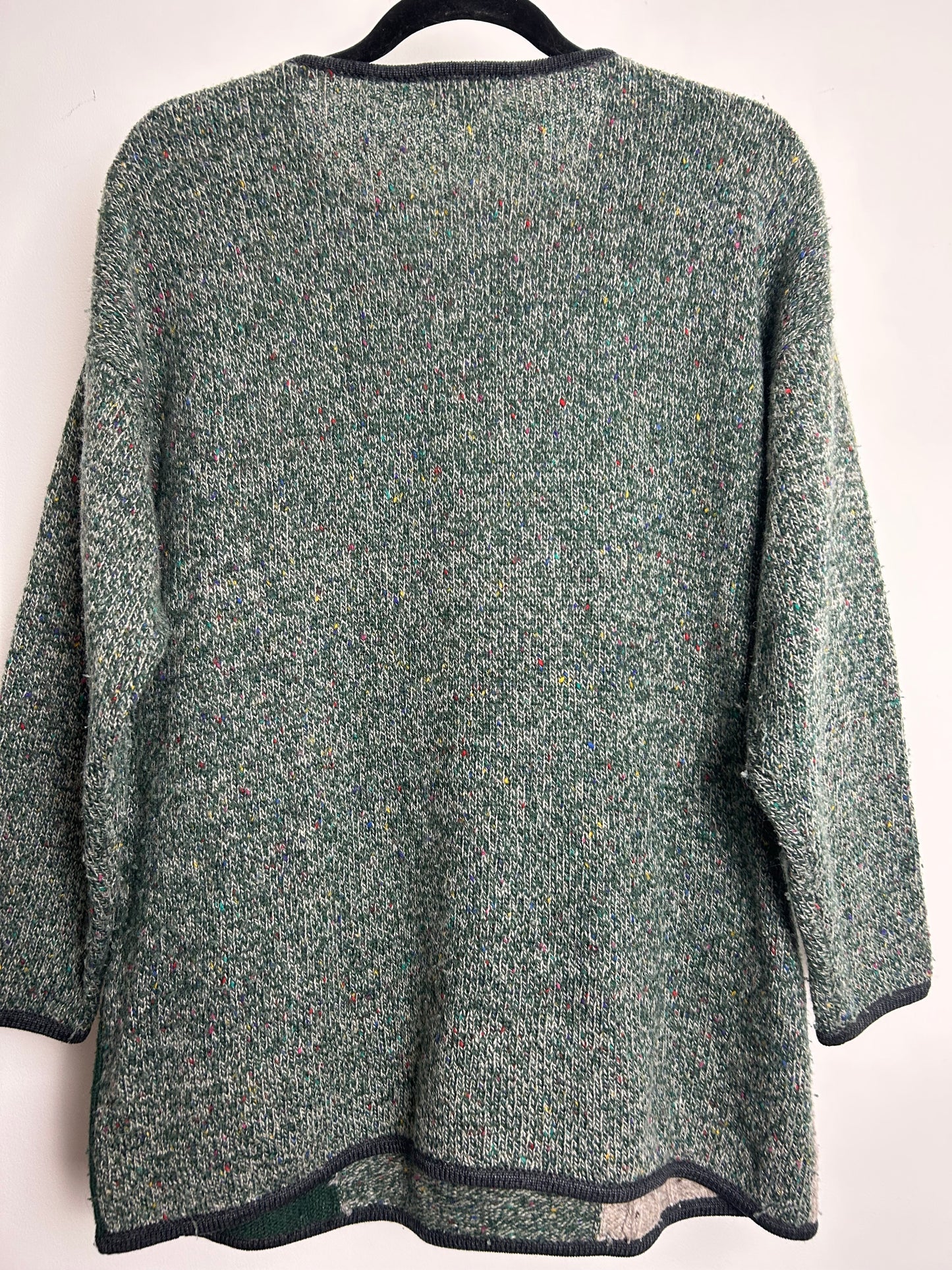 Vintage 1980s JOY Size 14/16 Slouchy Green Sheep Flowers & Cottage Applique Wool Mix Jumper