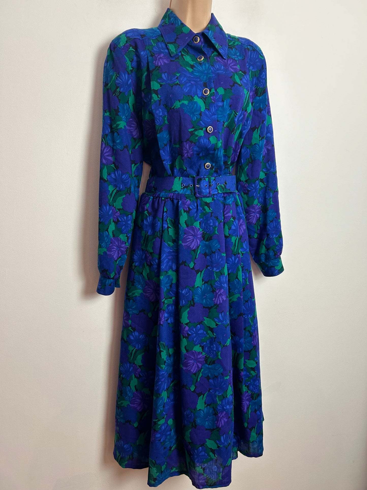 Vintage 1980s MARIAN DONALDSON UK Size 14 Blue Purple & Green Floral Print 100% Wool Belted Day Dress