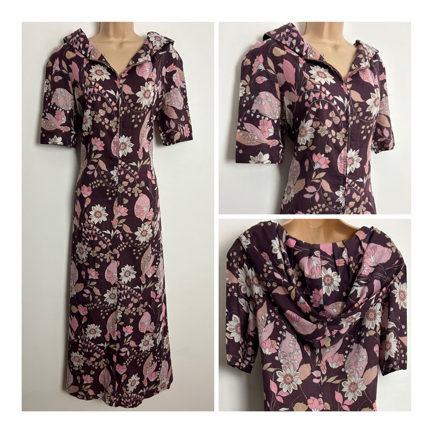 Vintage 1970s UK Size 12 Plum Purple Pink & White Floral Print Zip Front Hooded Short Sleeve Maxi Dress