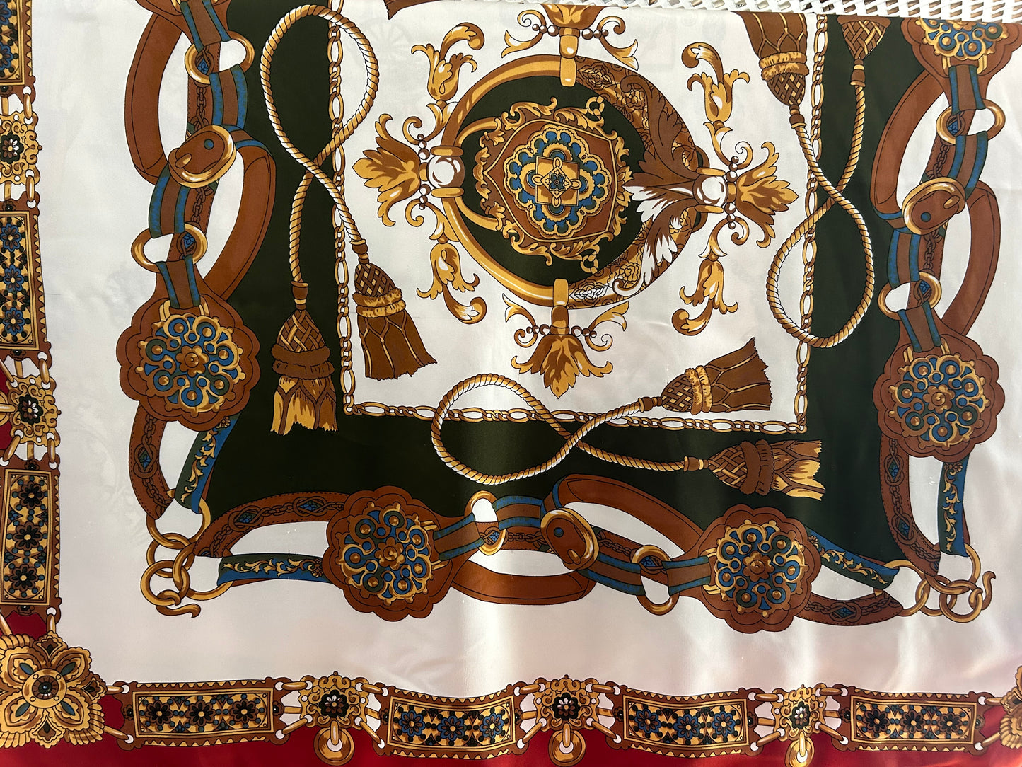 Vintage Rust Cream Brown & Green Baroque Nouveau Print Large Polyester Scarf 87cm x 87cm