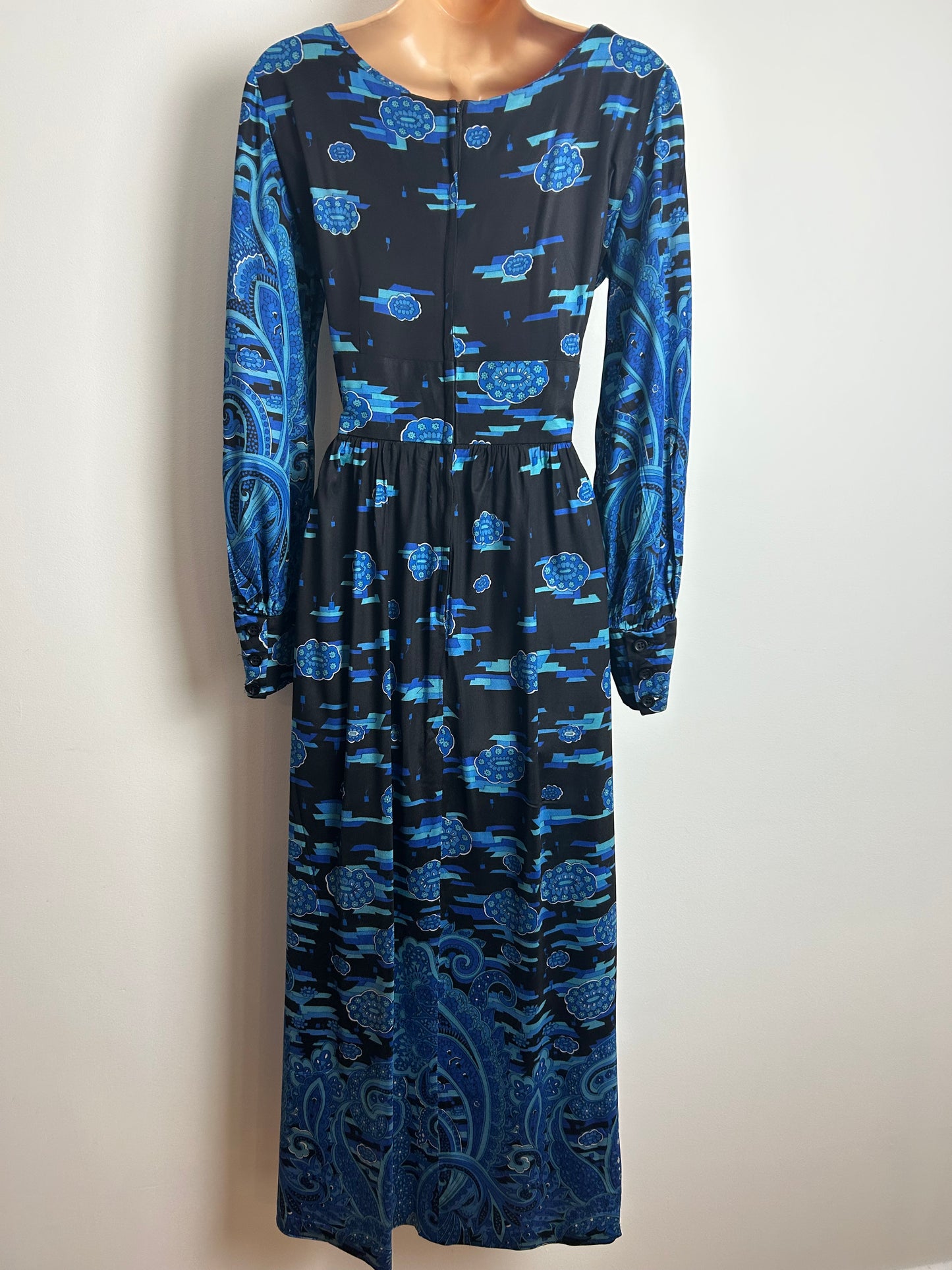 Vintage 1970s BERKERTEX Size 12 Black & Blue Tones Abstract Print Long Sleeve Maxi Dress