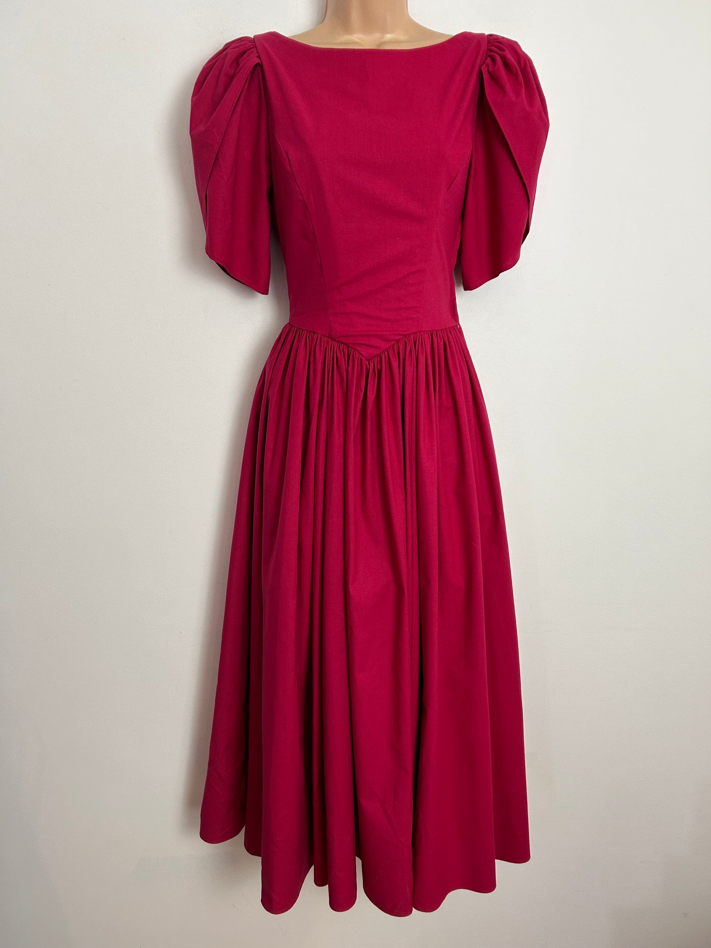 Vintage 1980s LAURA ASHLEY UK Size 8 Dark Pink Cotton Bow Back Midi Ballgown Dress