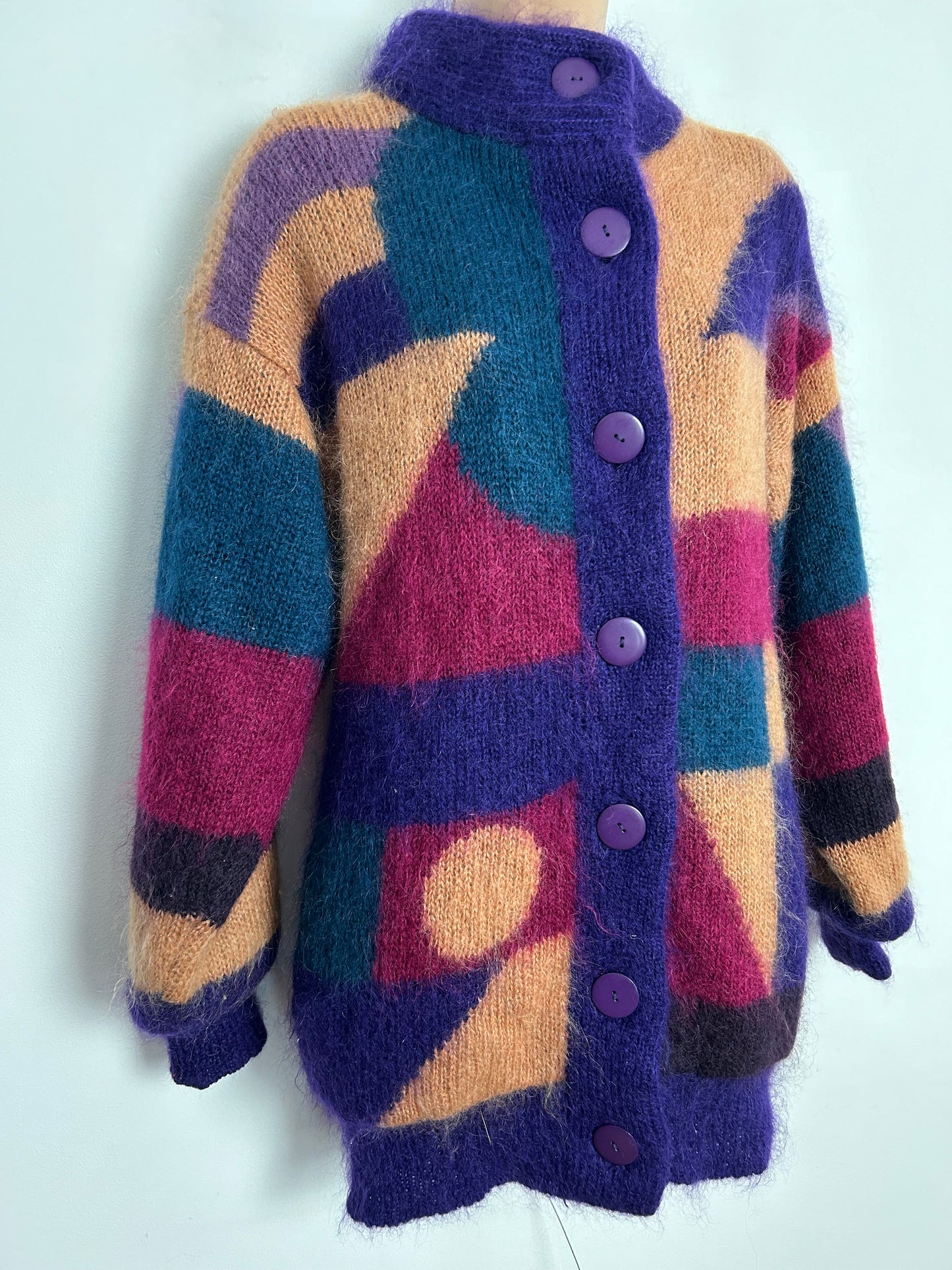 Vintage 1980s C&A One Size Up To Size 14 Purple Dark Pink Green & Sandy Beige Mohair Mix Cardigan/Coatigan