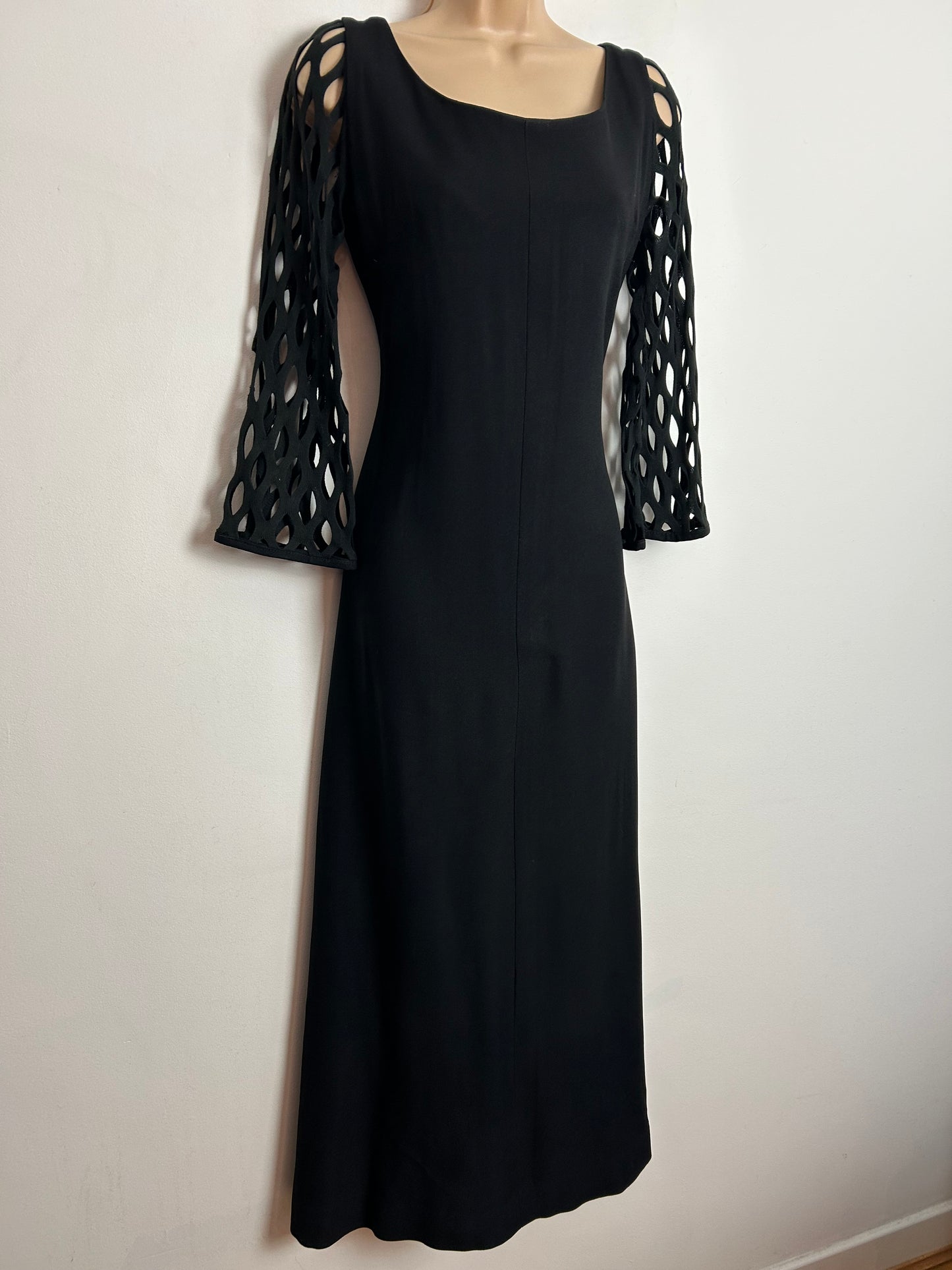 Vintage 1960s SEVENTH AVENUE UK Size 10-12 Black Cut Out Long Sleeve Detail Occasion Maxi Dress